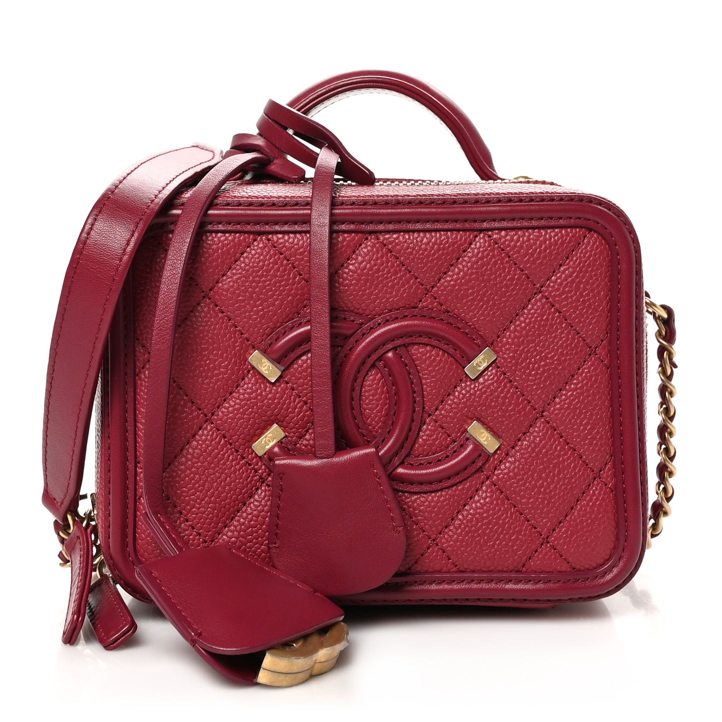 Caviar Quilted Small CC Filigree Vanity Case Burgundy