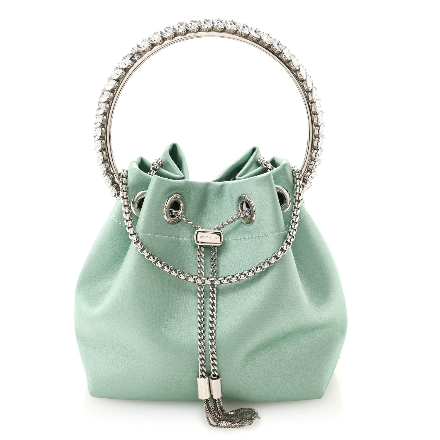 Jimmy Choo Satin Crystal Embellished Bon Bon Bucket Bag Celeste