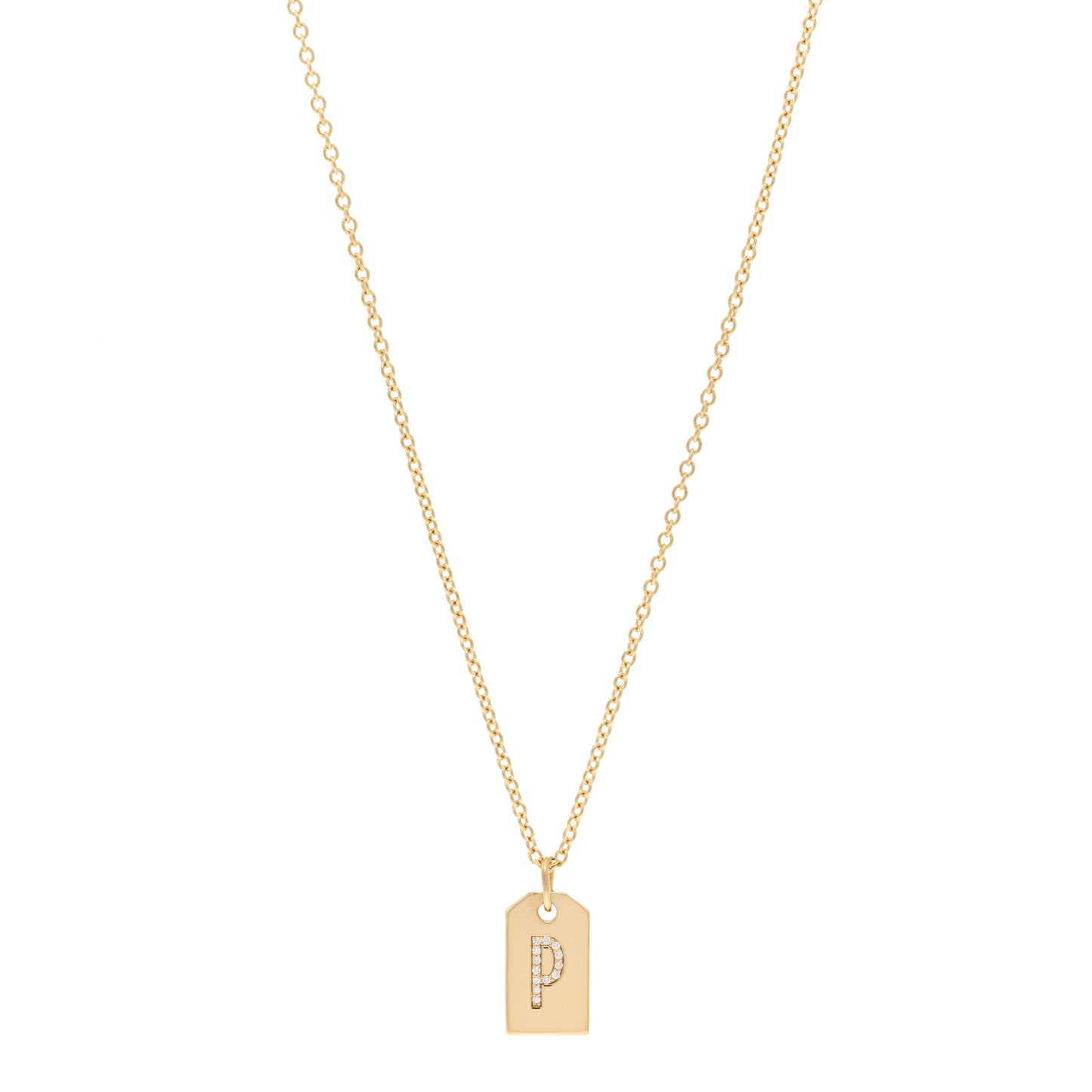 18K Yellow Gold Diamond Letter P Tag Pendant Necklace
