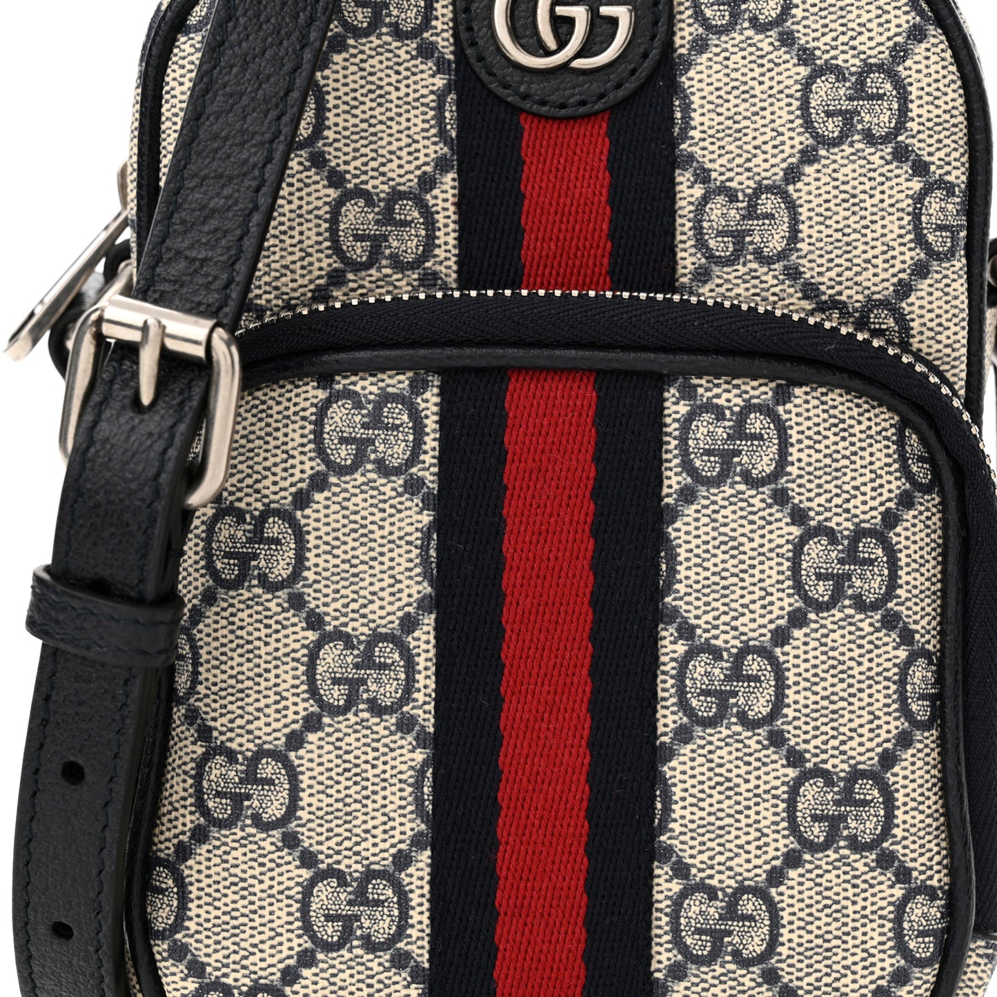 GG Supreme Monogram Textured Dollar Calfskin Web Mini Ophidia Double Zip Messenger Bag Beige Blue