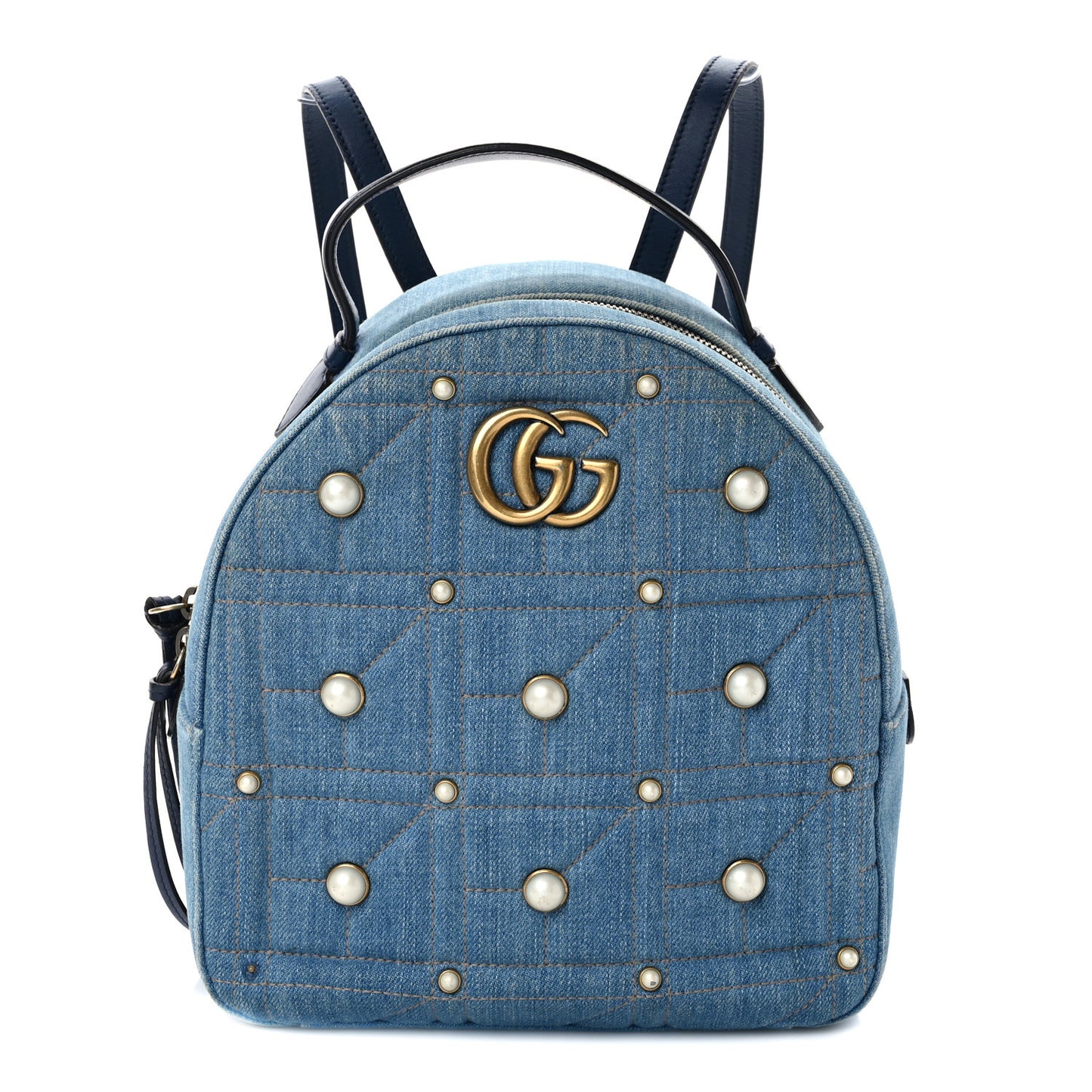 Kura Denim Matelasse Cubic Pearl Studded GG Marmont Dome Backpack Blue