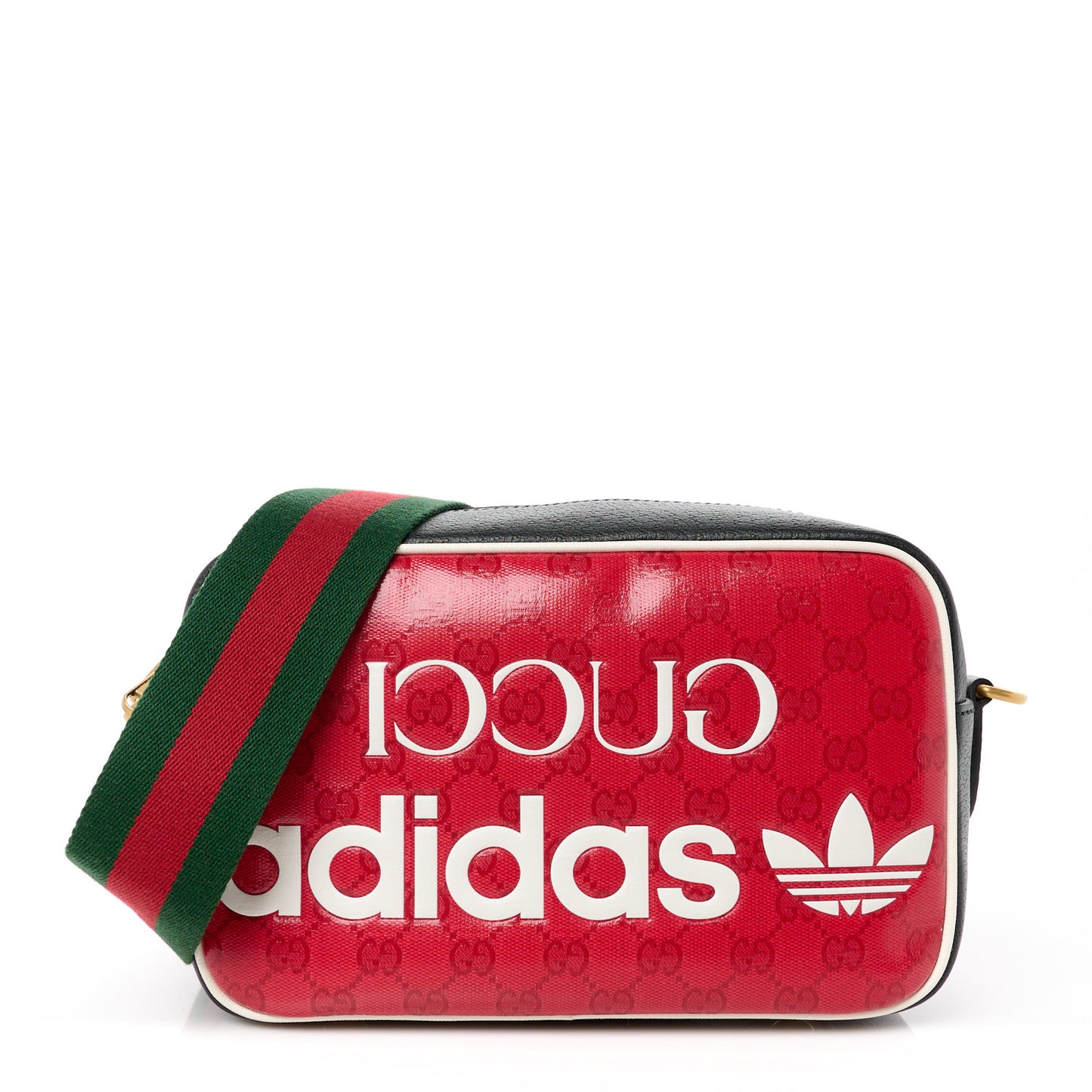 X ADIDAS Crystal Vintage Monogram Textured Dollar Calfskin Web Trefoil Logo Small Messenger Bag Hibiscus Red Off White Black
