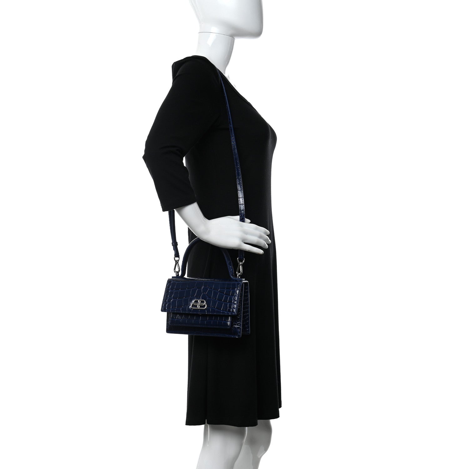 Balenciaga Shiny Calfskin Crocodile Embossed XS Sharp Top Handle Bag Navy 2 of 9