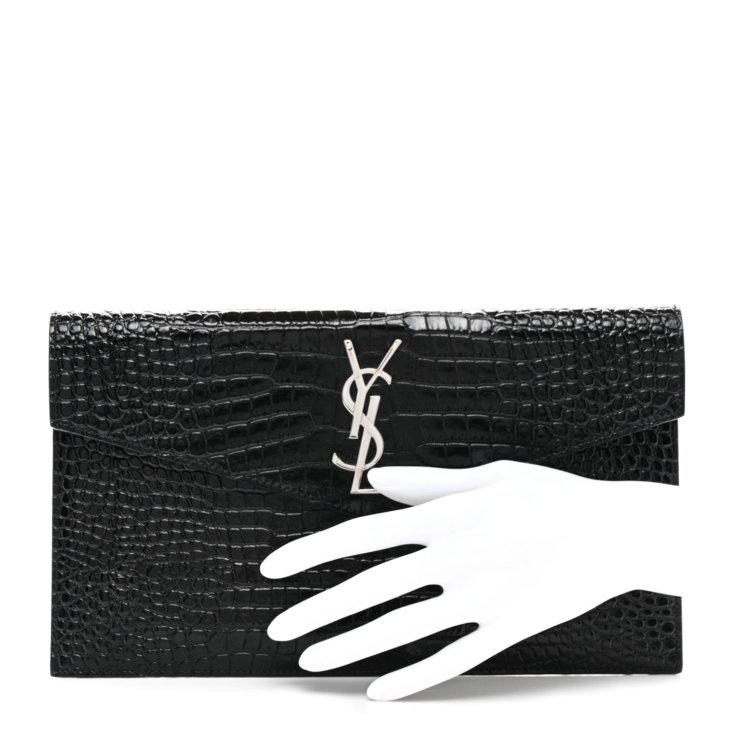 Saint Laurent Calfskin Crocodile Embossed Uptown Monogram Pouch Black 2 of 8
