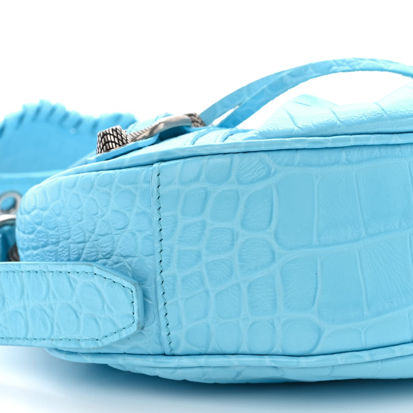 Extra Supple Calfskin Crocodile Embossed Le Cagole Shoulder Bag XS Sky Blue