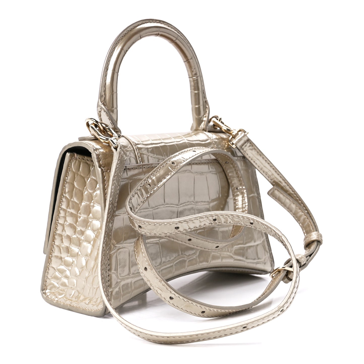 Metallic Shiny Calfskin Crocodile Embossed Hourglass Top Handle Bag XS Light Gold