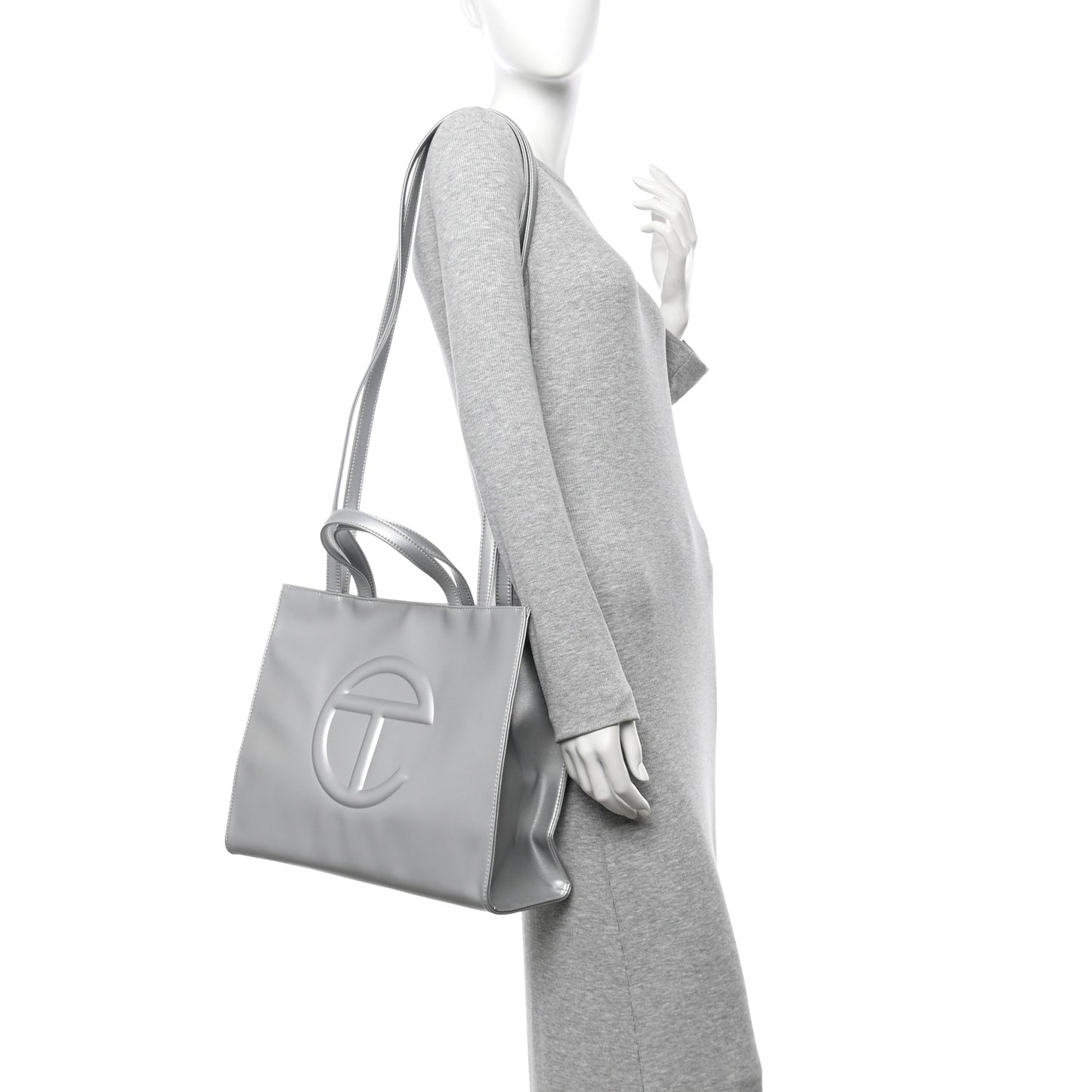 Metallic Vegan Leather Medium Shopping Bag Silver