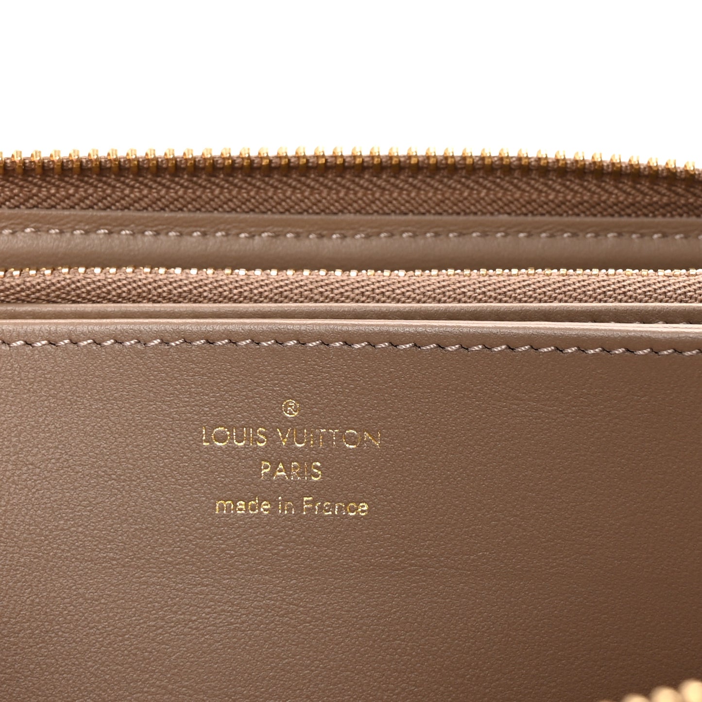 Lambskin Embossed Monogram Coussin Zippy Wallet Taupe