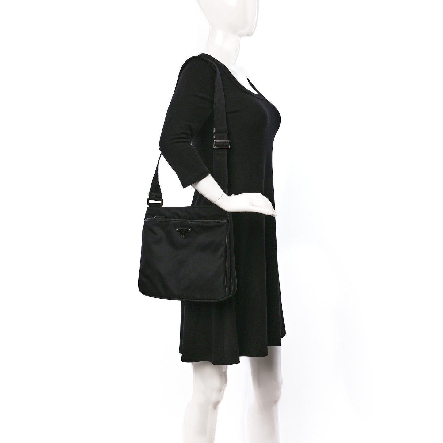 Re-Nylon Saffiano Pocket Flat Messenger Bag Black