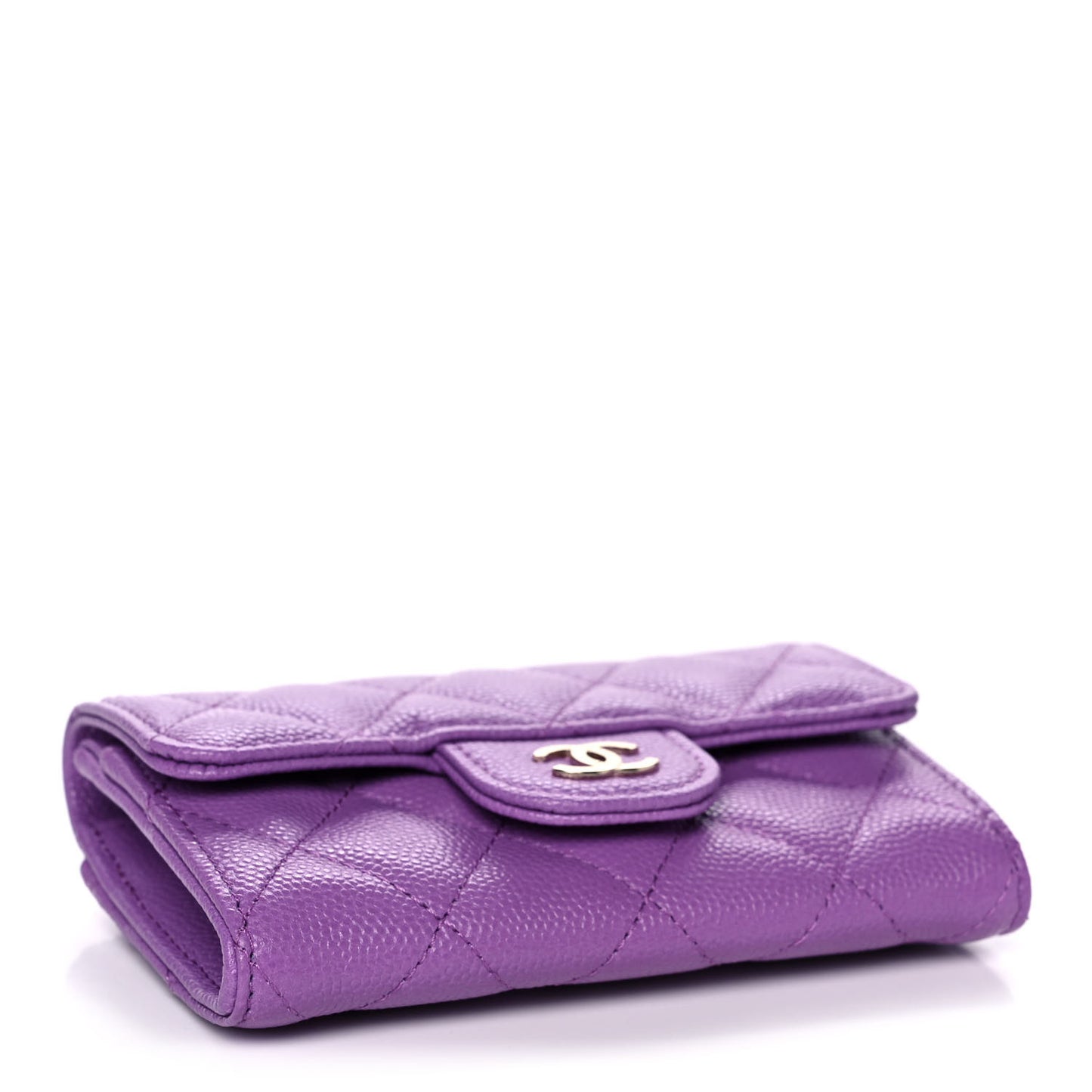 Caviar Quilted Flap Card Holder Wallet Purple