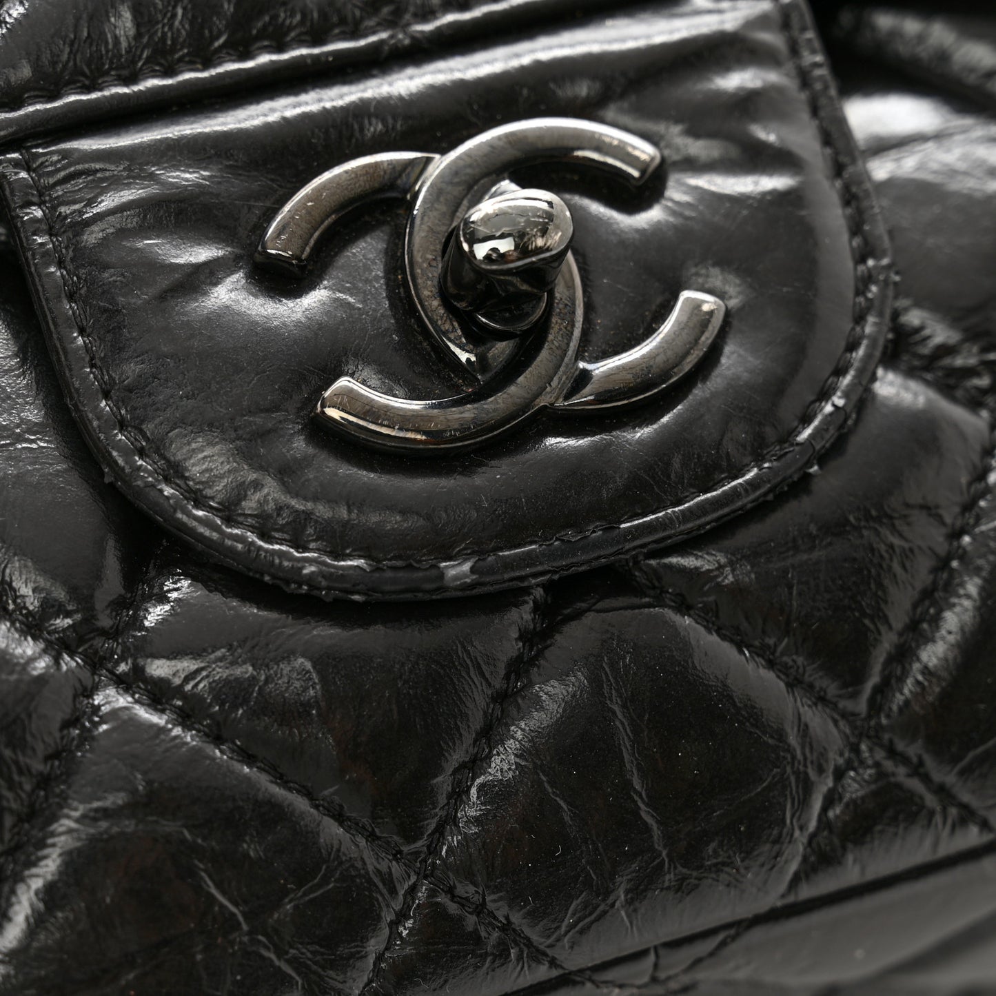 Shiny Distressed Calfskin Quilted Jumbo Double Flap So Black