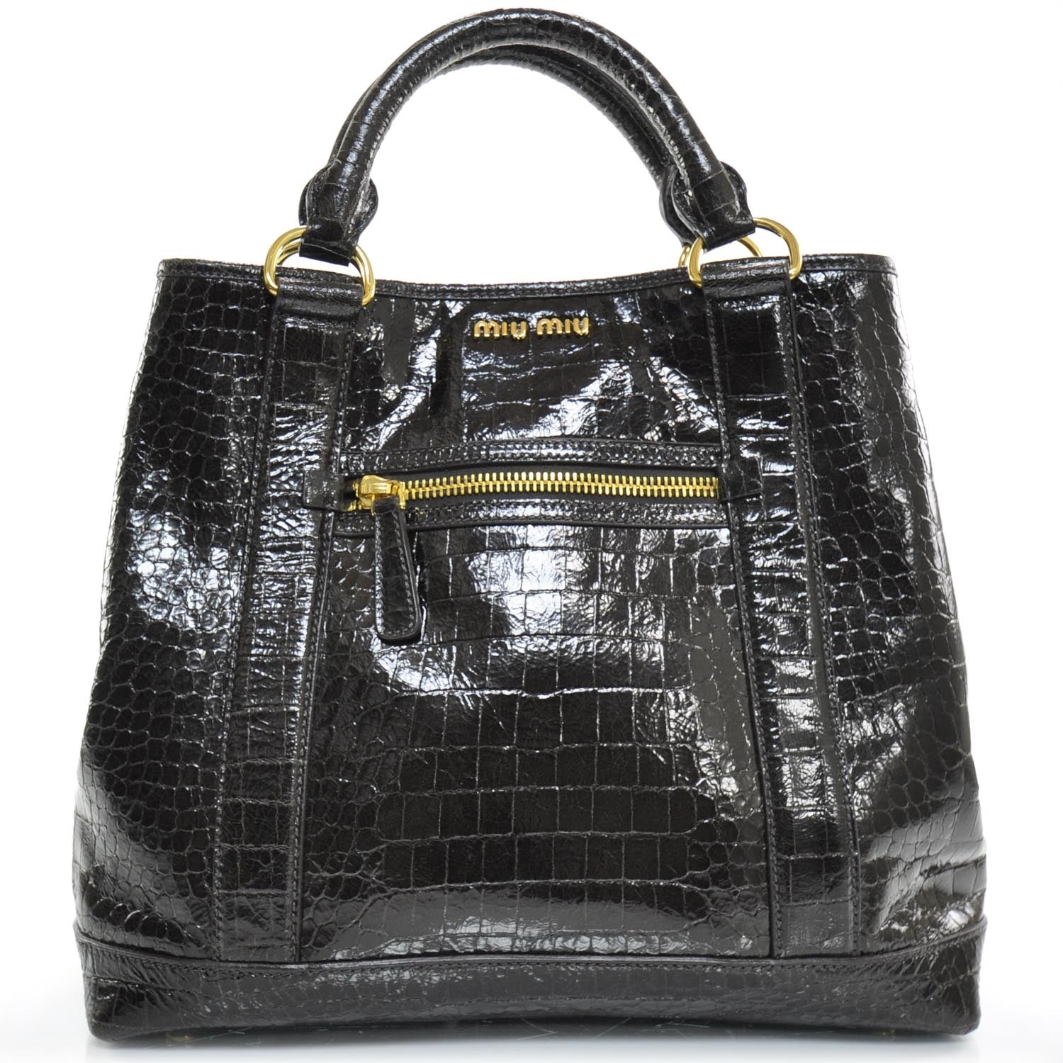 Miu Miu Calfskin Crocodile Embossed St Cocco Shopping Tote Moro