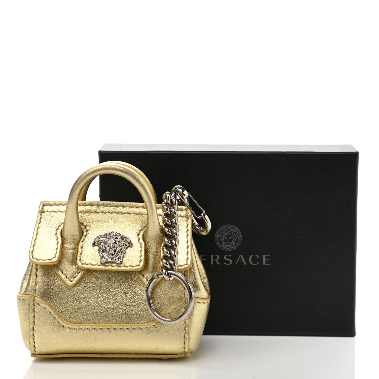 Metallic Grained Calfskin Nano La Medusa Bag Key Ring Pouch Gold