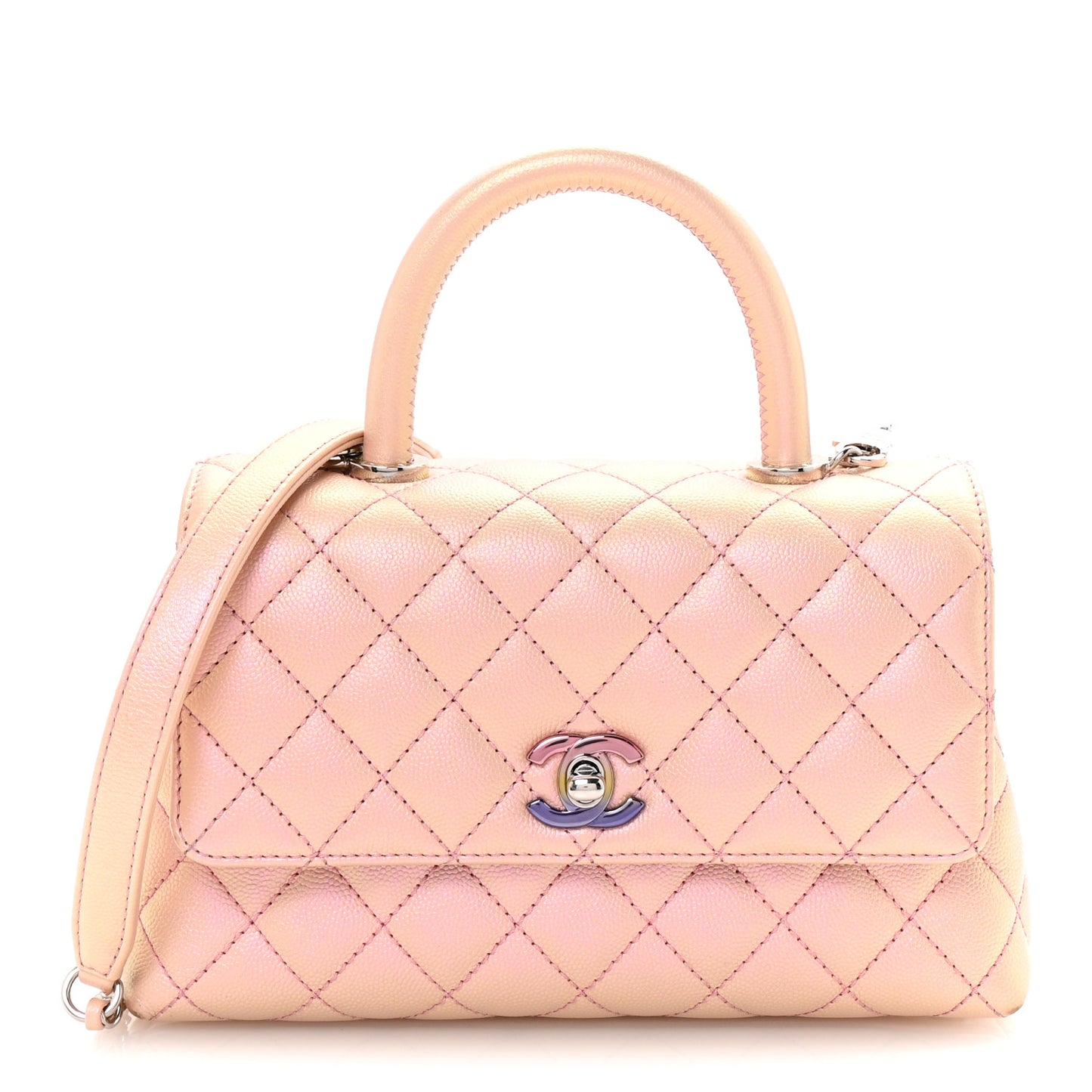 Iridescent Caviar Quilted Mini Coco Handle Flap Pink