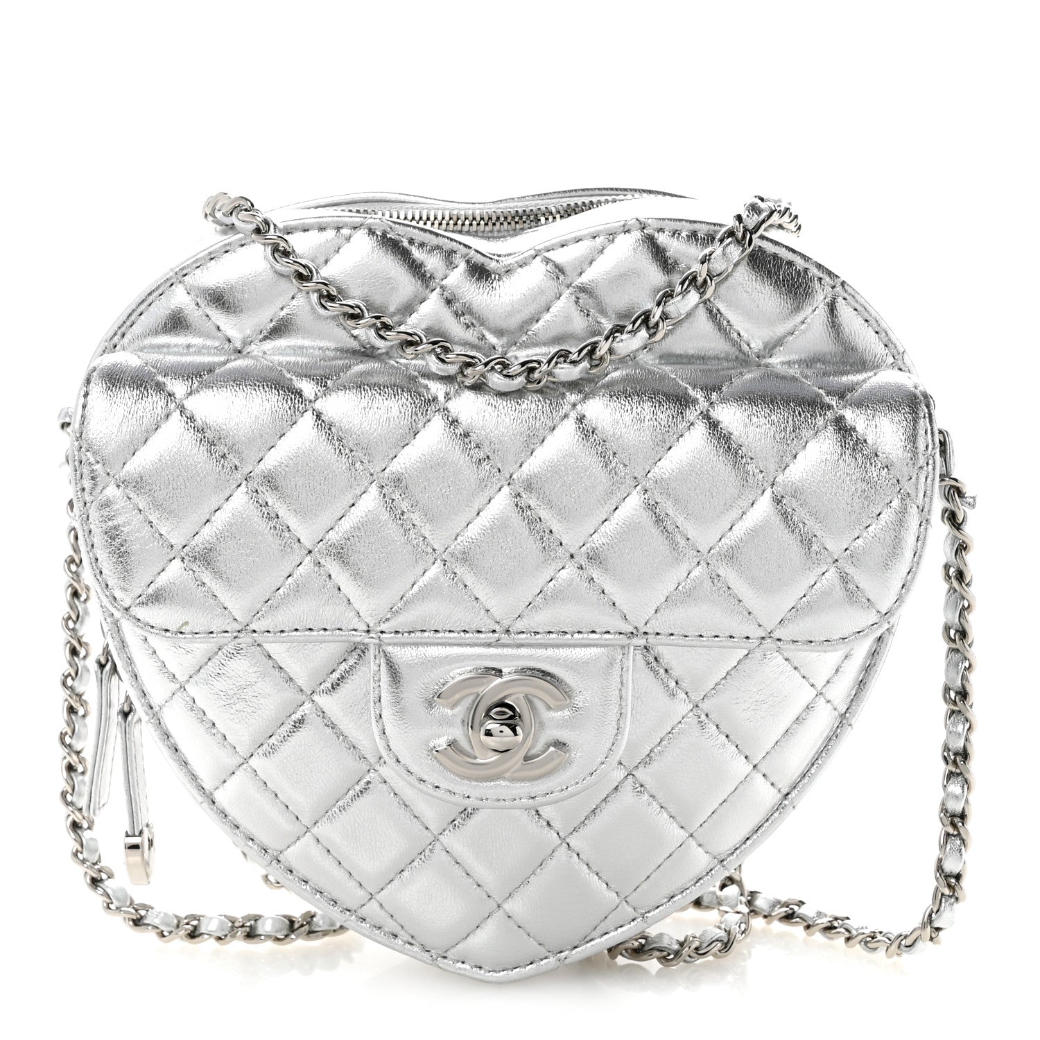 Chanel Metallic Lambskin Quilted Large CC In Love Heart Bag Silver