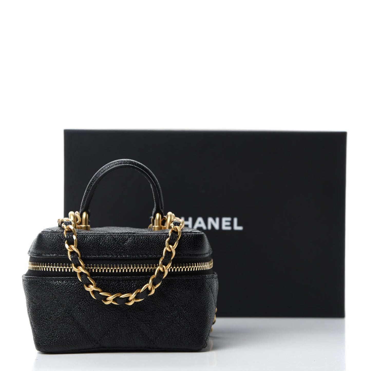 Caviar Quilted Mini Top Handle Vanity With Chain Black