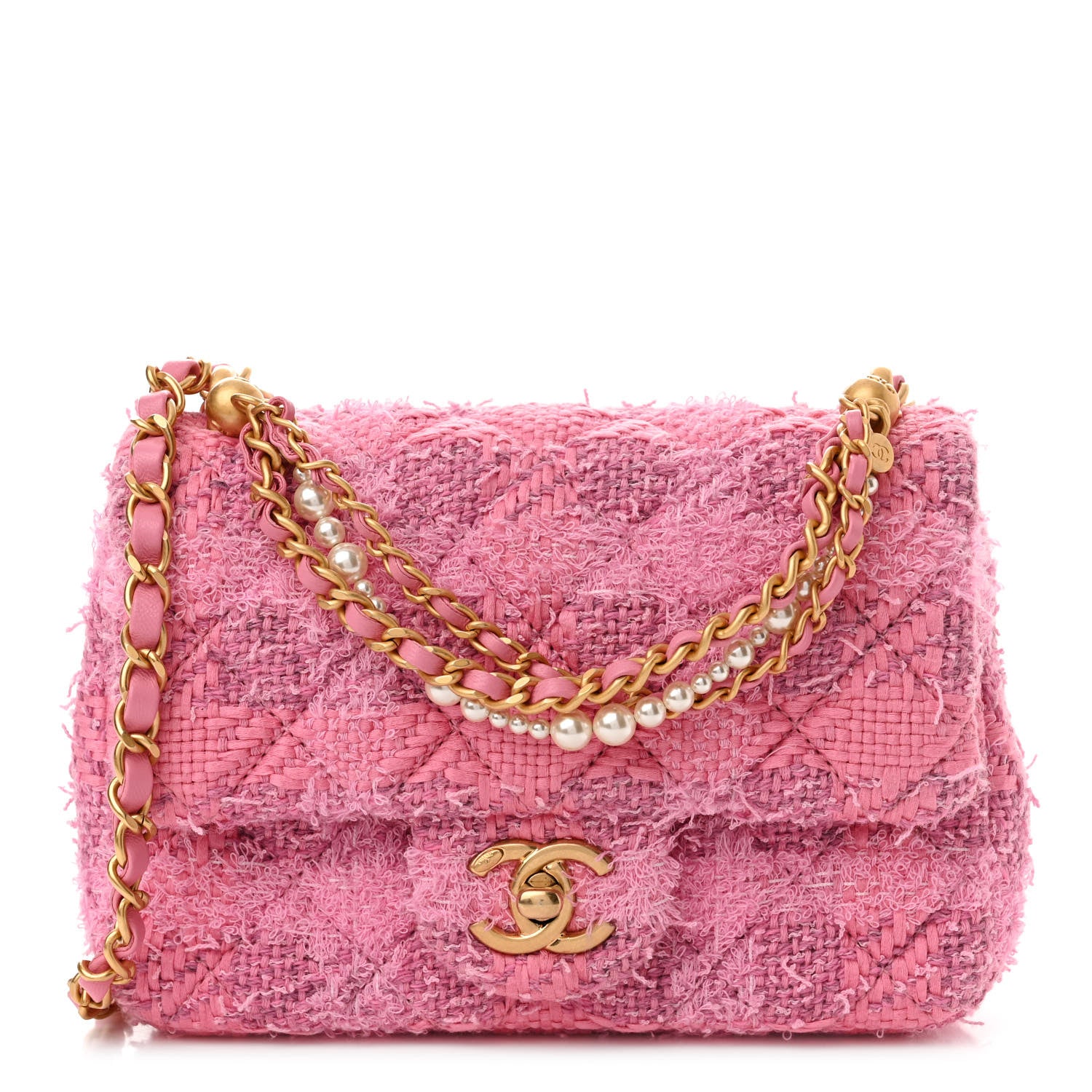 Chanel Tweed Quilted Pearl Twist Mini Square Flap Pink Dark Pink