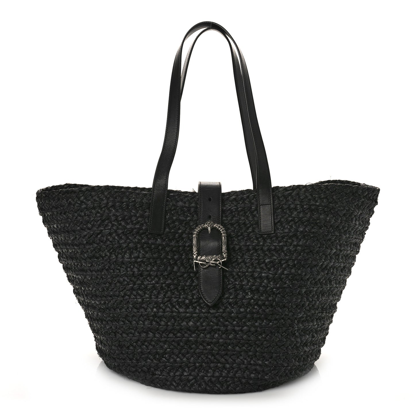 Raffia Calfskin Celtic Buckle Medium Panier Tote Black