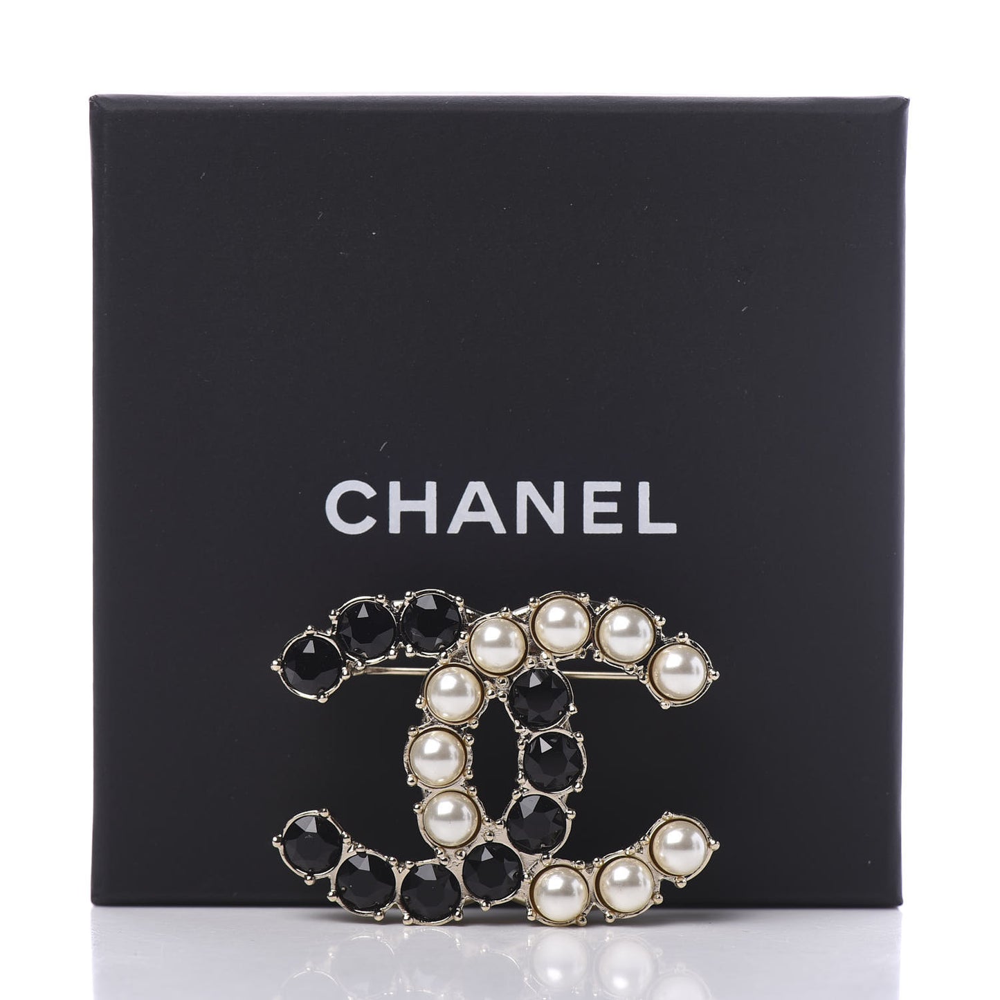 Crystal Pearl CC Dazzling Domino Brooch Gold Black