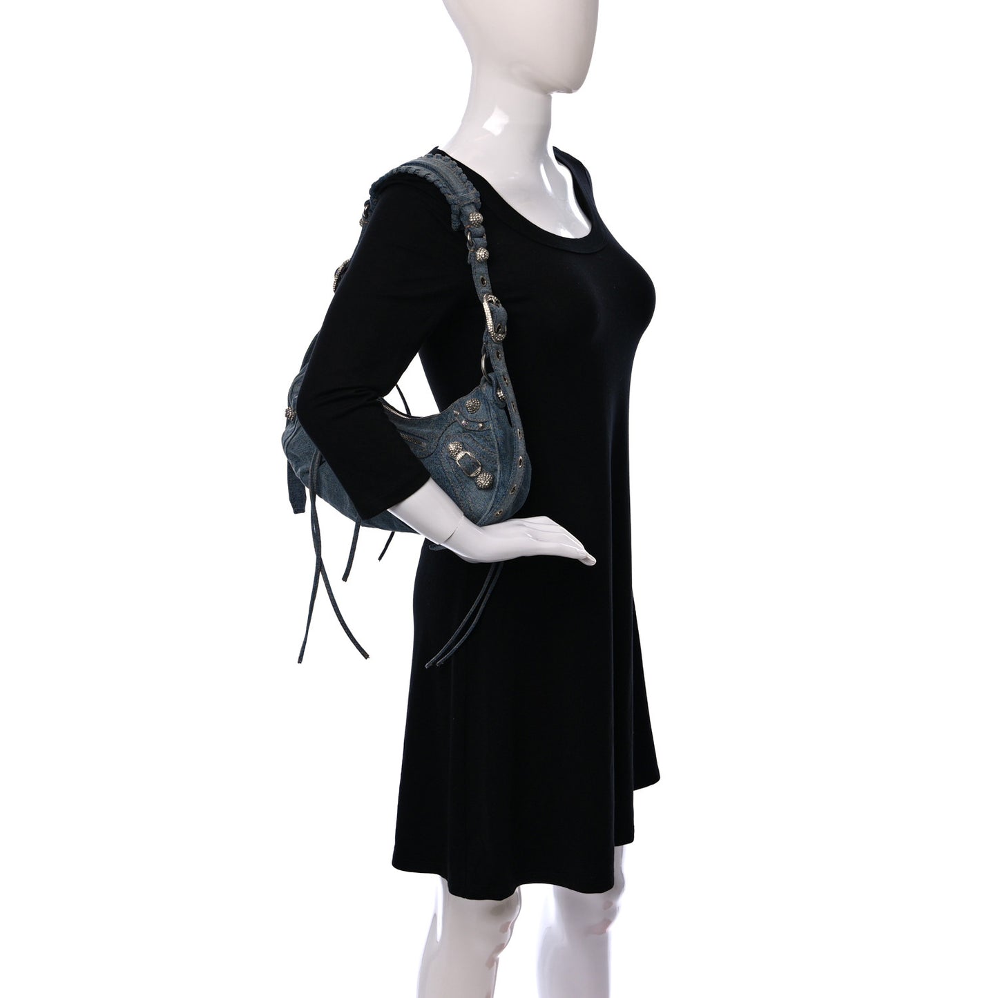 Washed Frayed Denim Crystal Small Le Cagole Shoulder Bag Blue