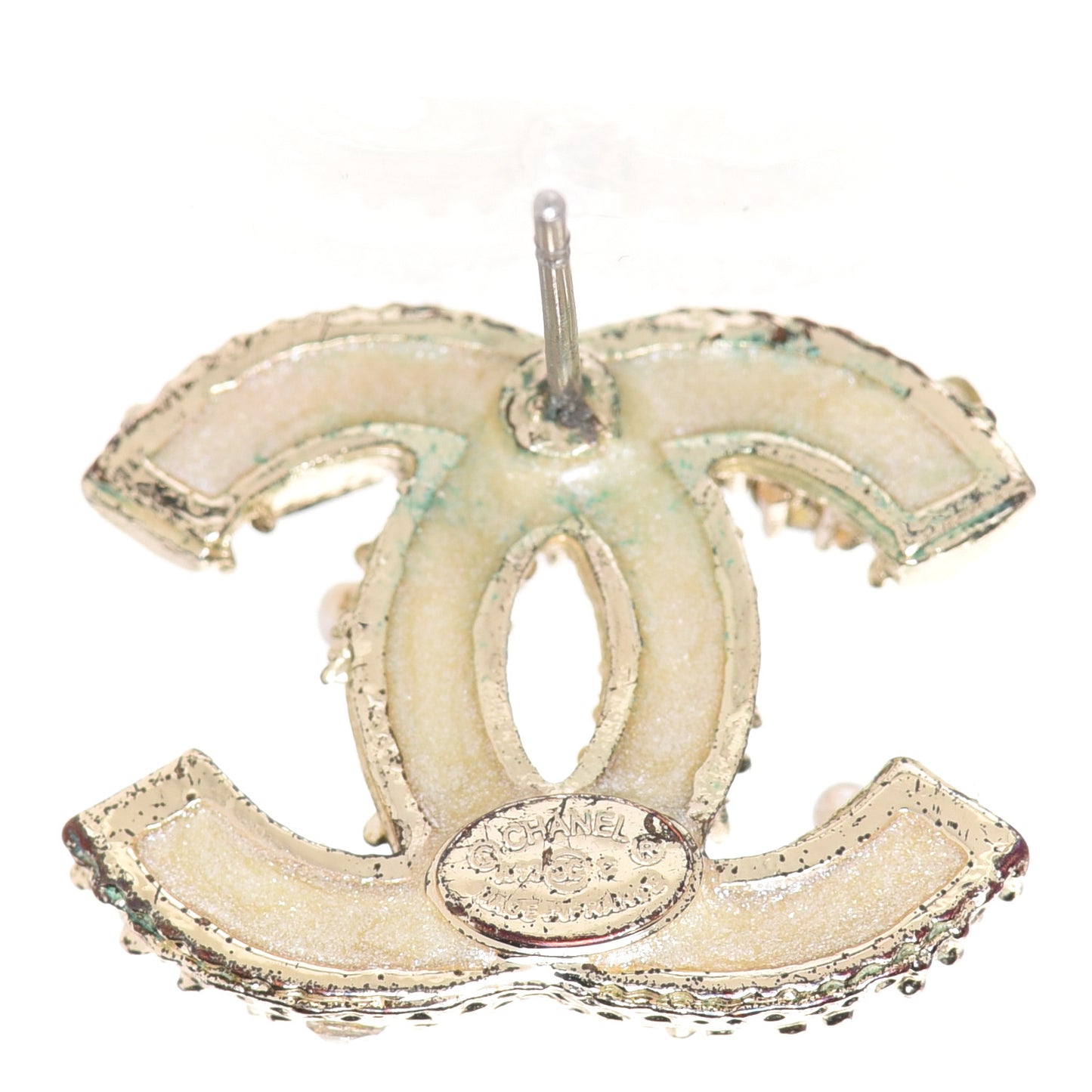 Pearl Crystal Baguette CC Earrings Gold