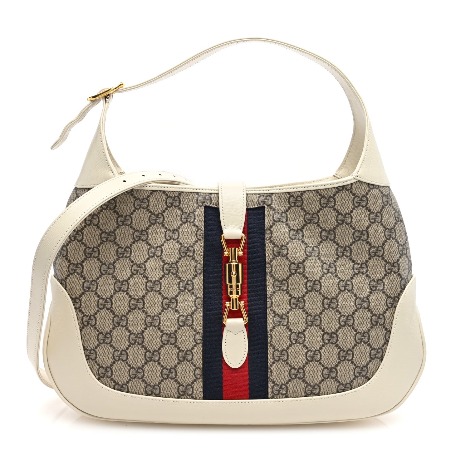 GG Supreme Monogram Textured Dollar Calfskin Web Medium Jackie 1961 Hobo Beige Ebony Mystic White