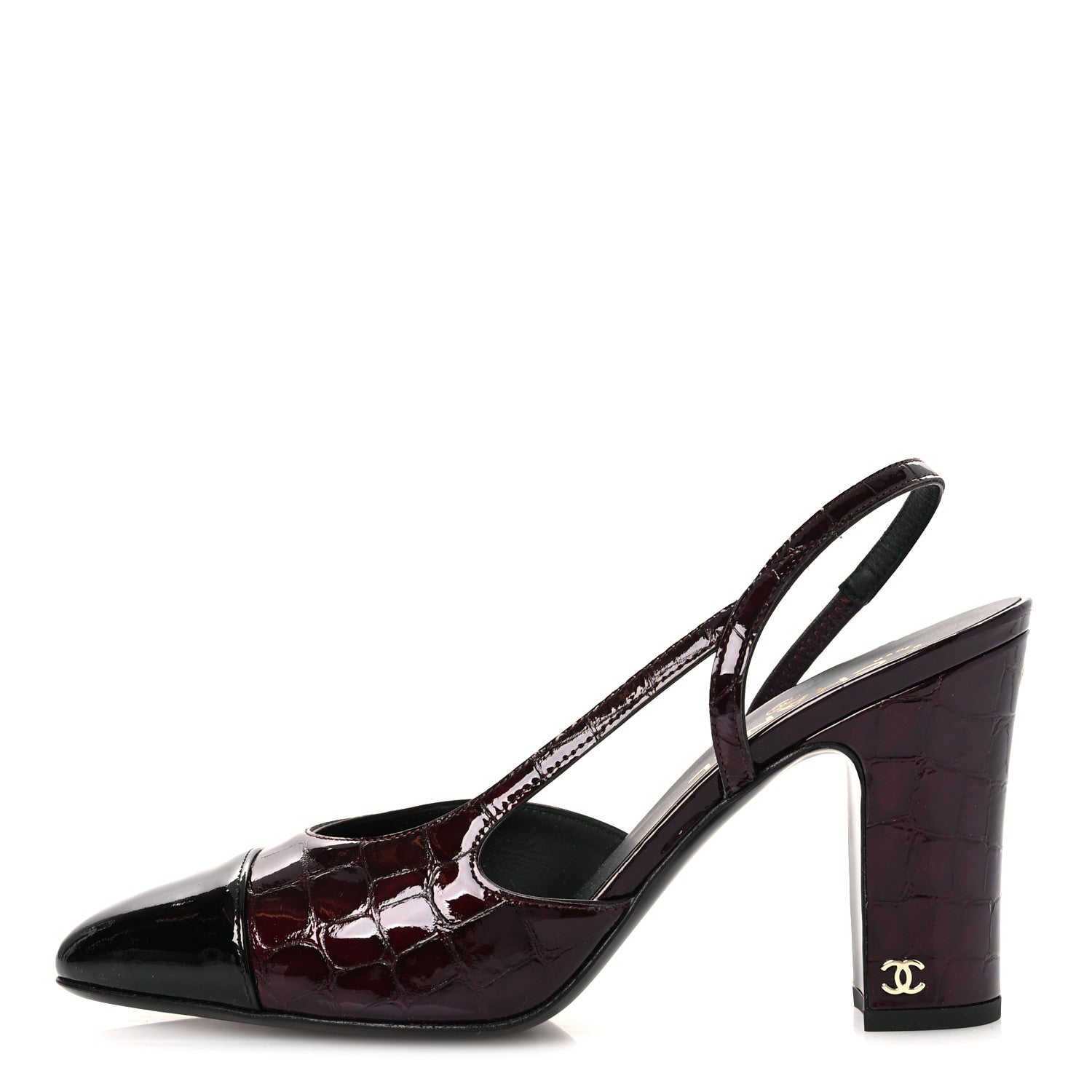 CHANEL ハイヒール Chanel Patent Calfskin Crocodile Embossed Cap Toe CC Slingback 39