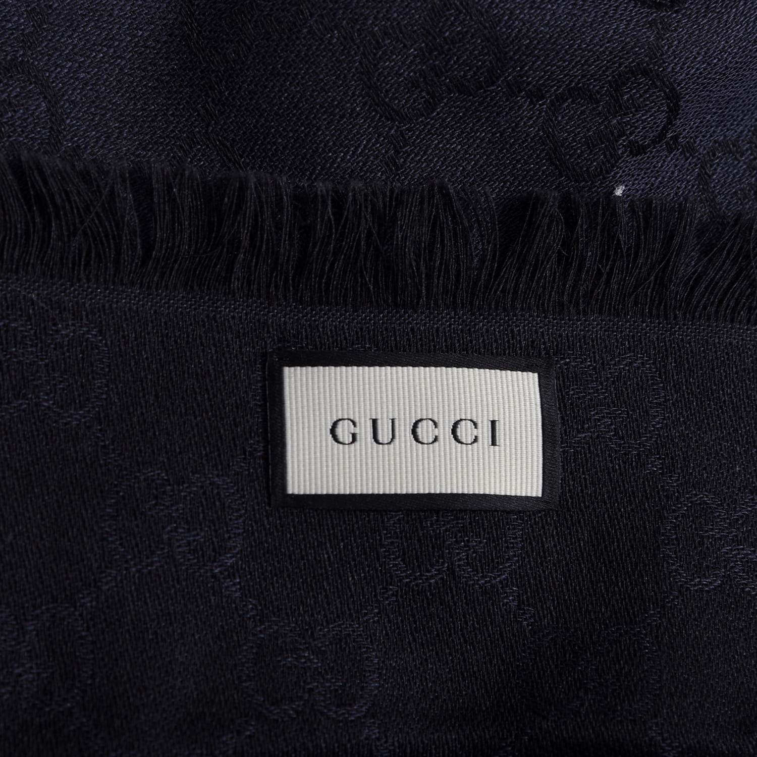 Gucci Wool Silk Monogram GGWeb Fringe Shawl Navy Black 2 of 3