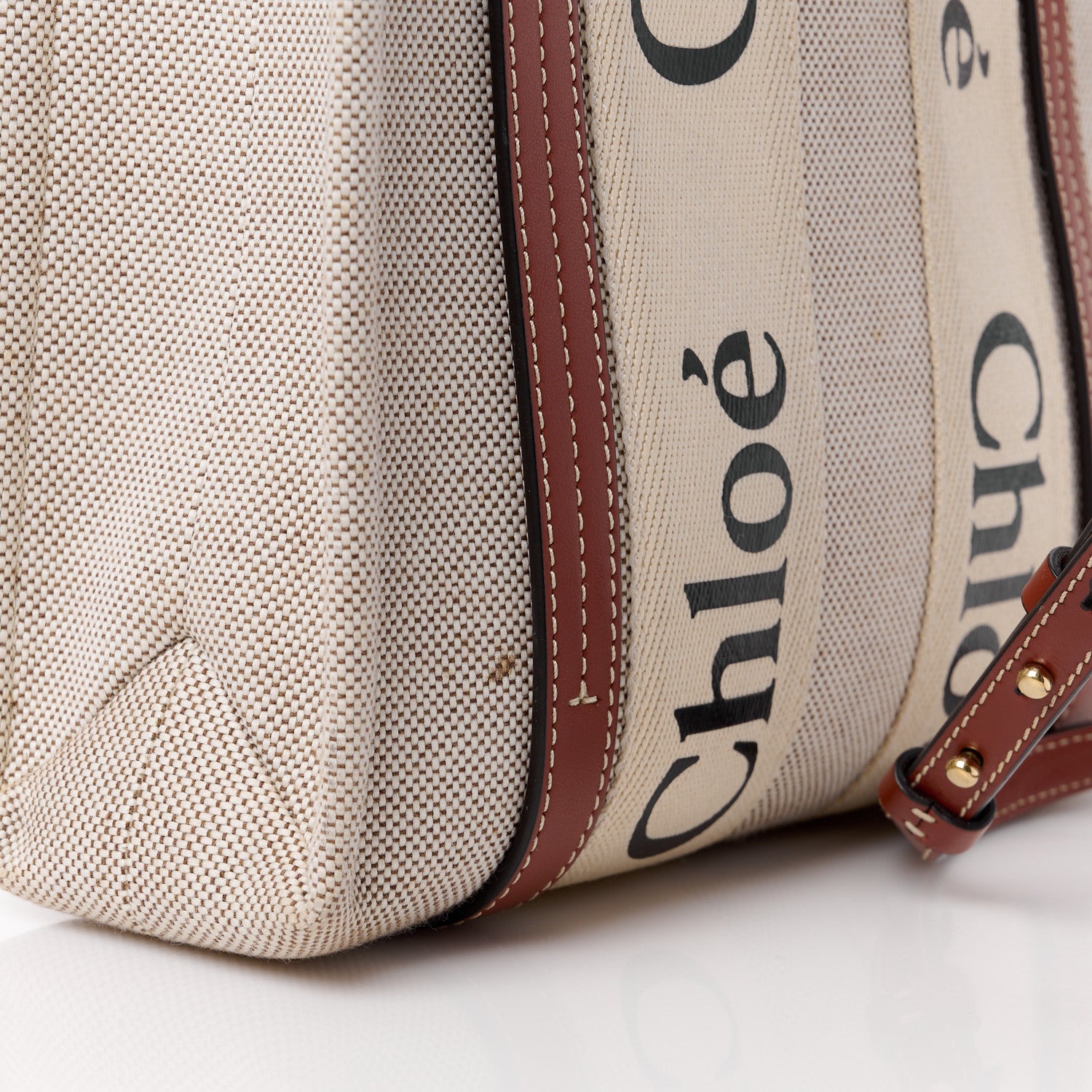 Chloe Cotton Calfskin Small Woody Ribbon Tote With Strap White Brown 14 of 14
