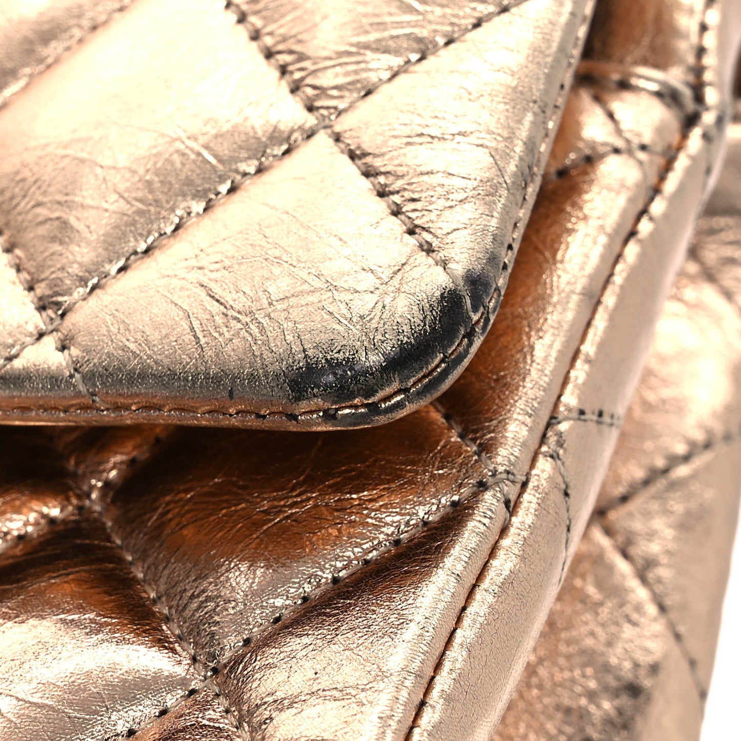 Metallic Aged Calfskin Quilted Medium Double Flap Gold