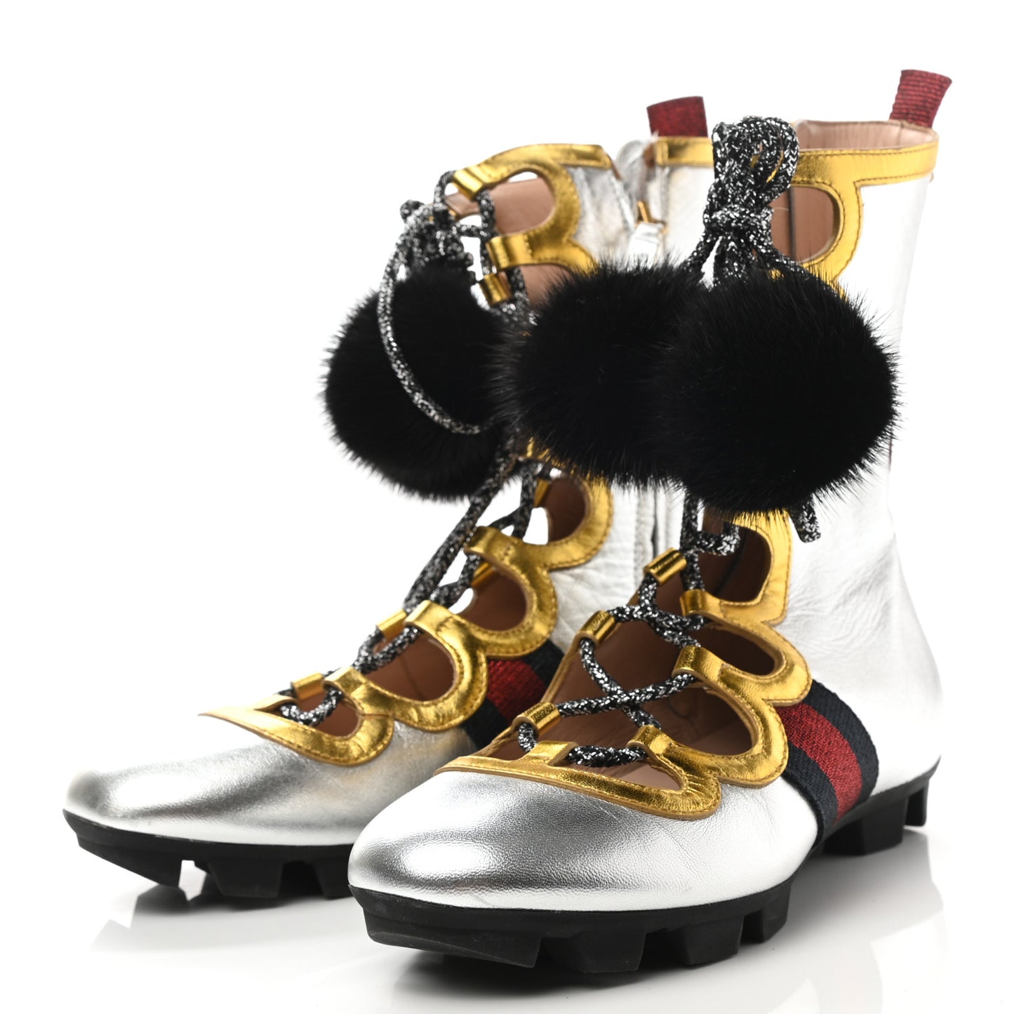 Metallic Nappa Mink Web Lace Up Titan Sneakers 35.5 Argento Gold