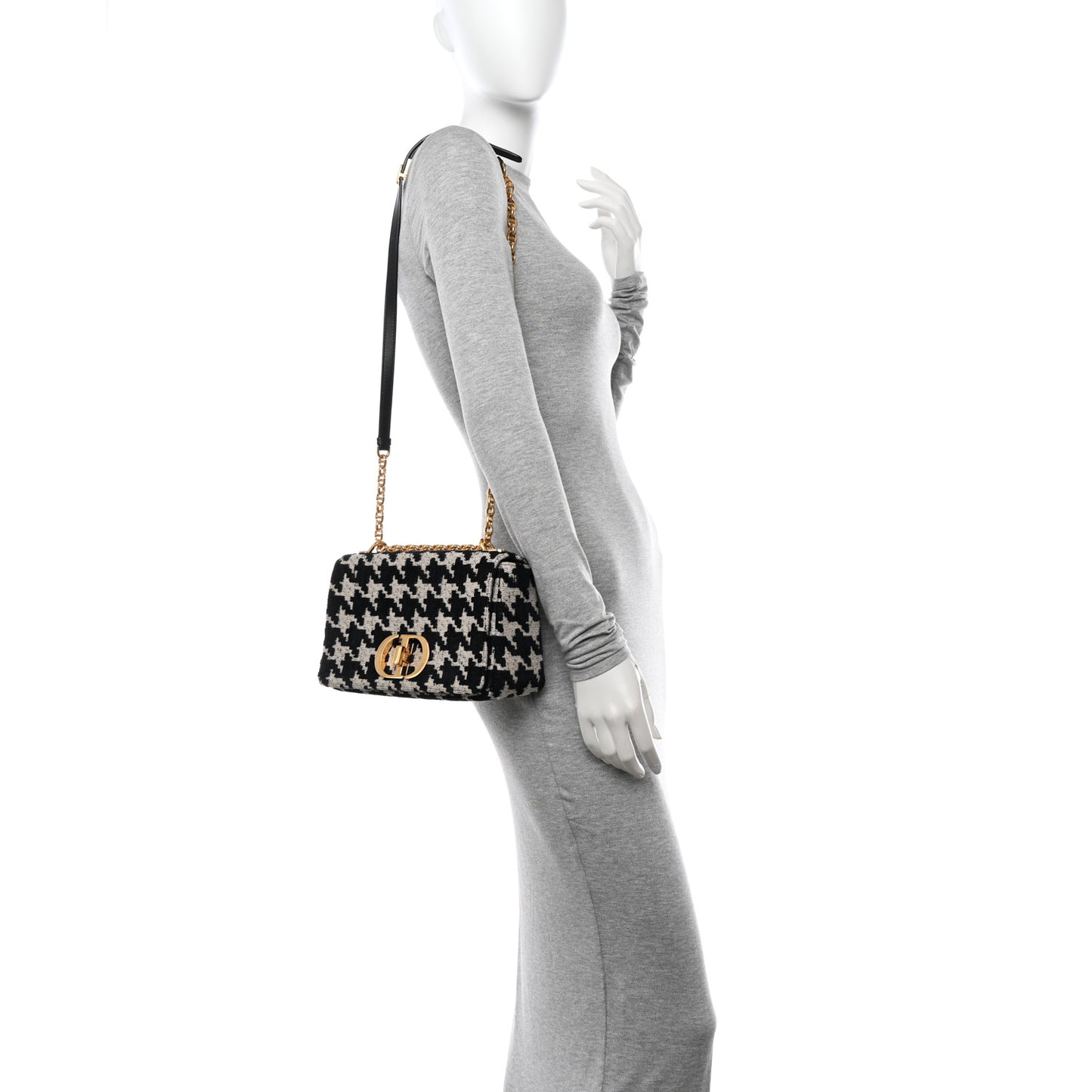 Technical Canvas Macro Houndstooth Medium Caro Bag Black White
