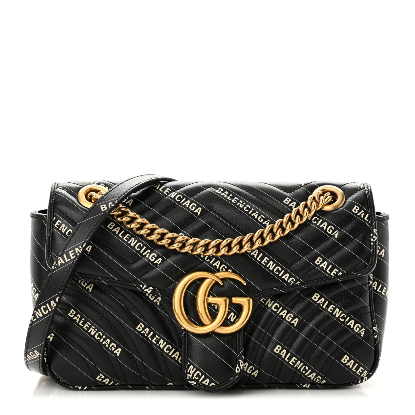 X BALENCIAGA Calfskin Matelasse Logo Print Small GG Marmont Shoulder Bag Black
