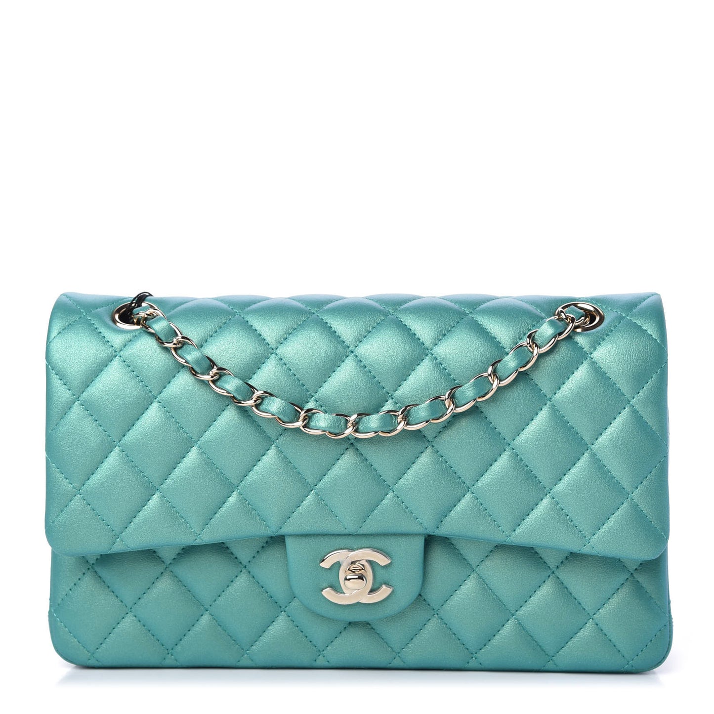Iridescent Calfskin Quilted Medium Double Flap Green