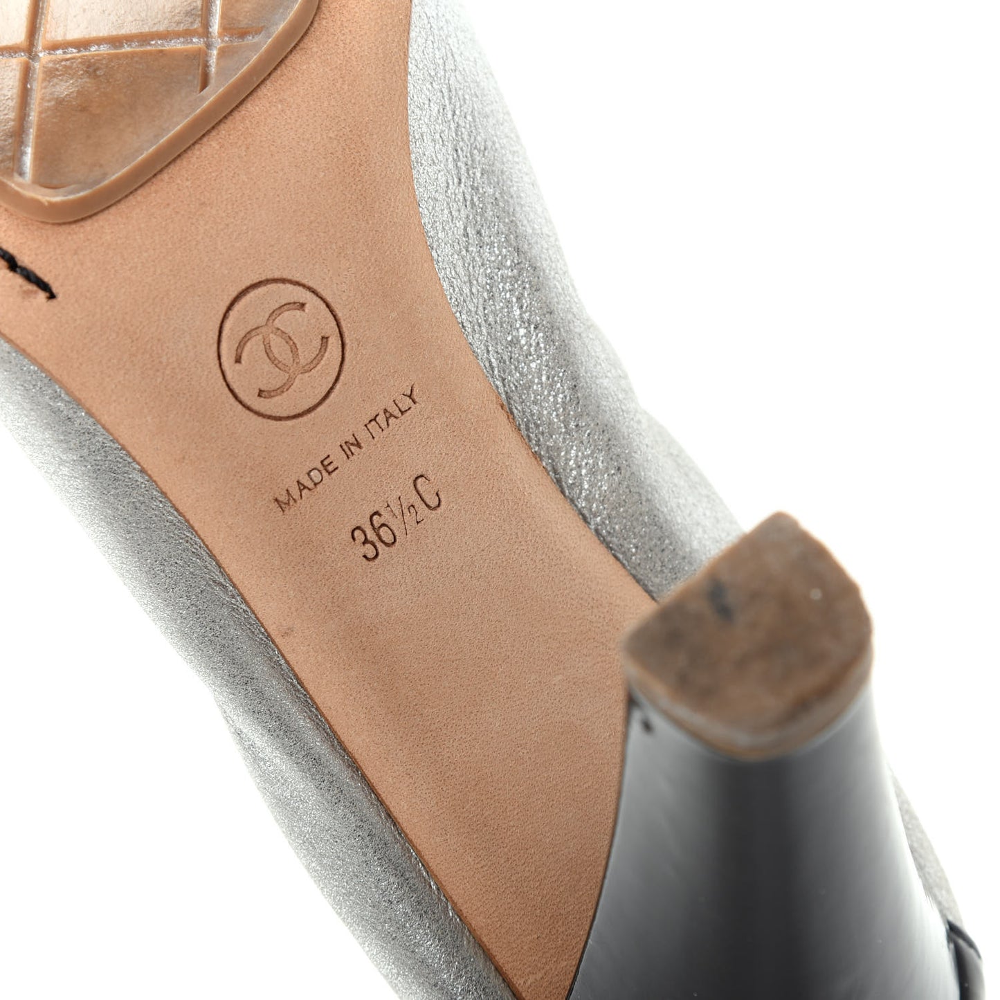 Metallic Lambskin Patent CC Elastic Stretch Pumps 36.5 Silver Black