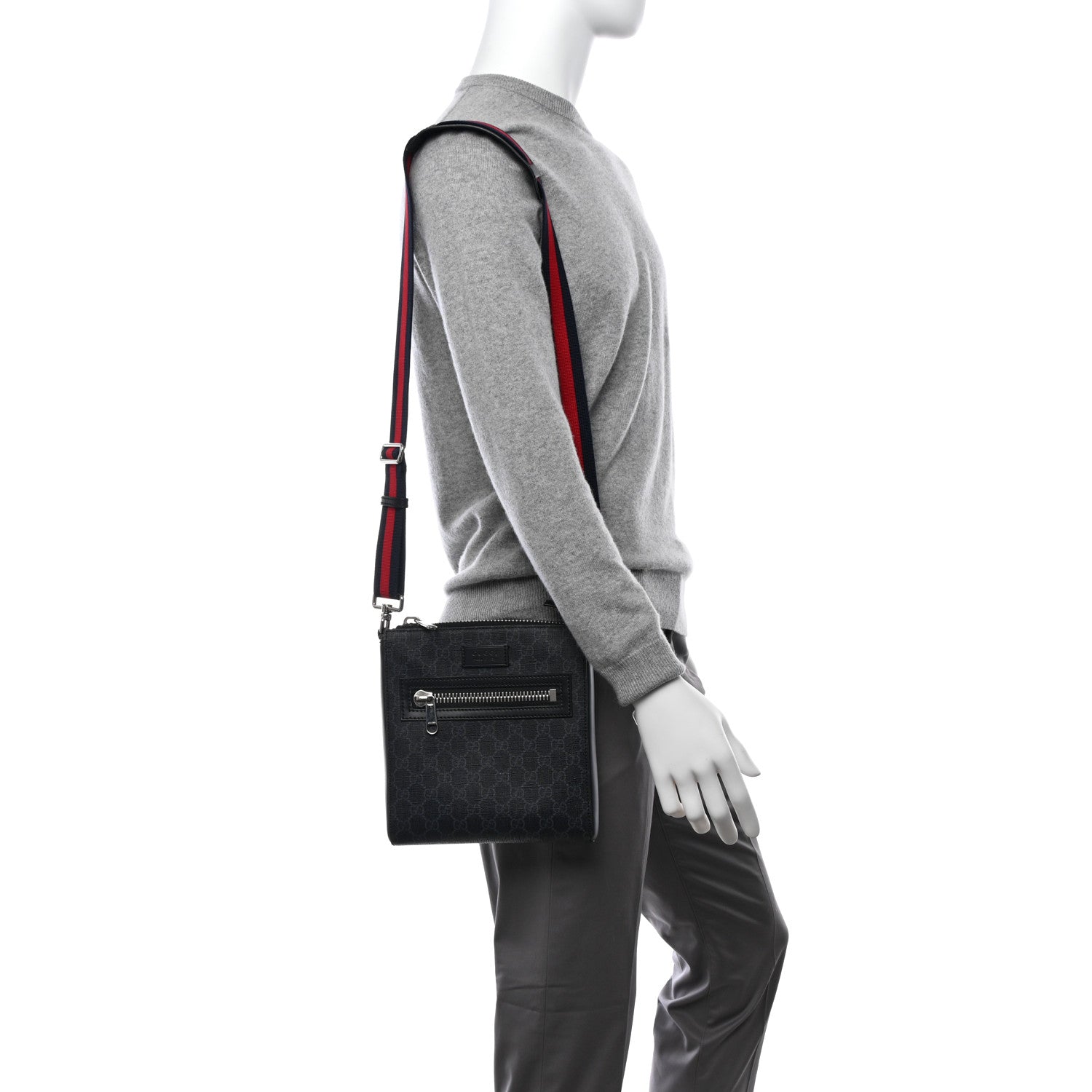 Gucci GG Supreme Monogram Web Small Flat Messenger Bag Black Grey 2 of 11