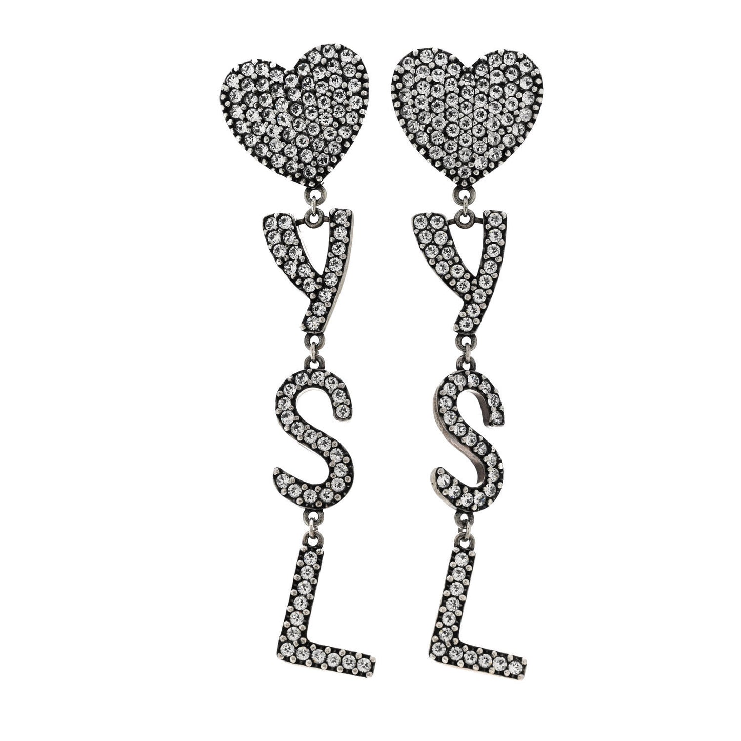 Brass Crystal Monogram Heart Drop Clip Earrings Silver