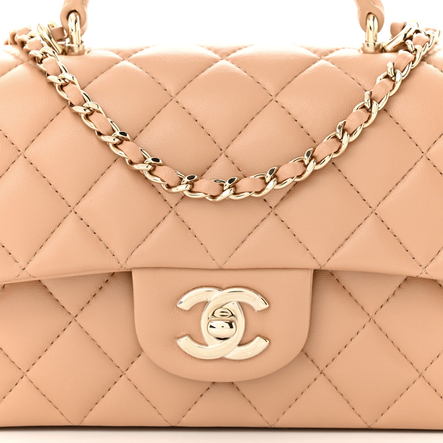 Lambskin Quilted Mini Top Handle Rectangular Flap Beige