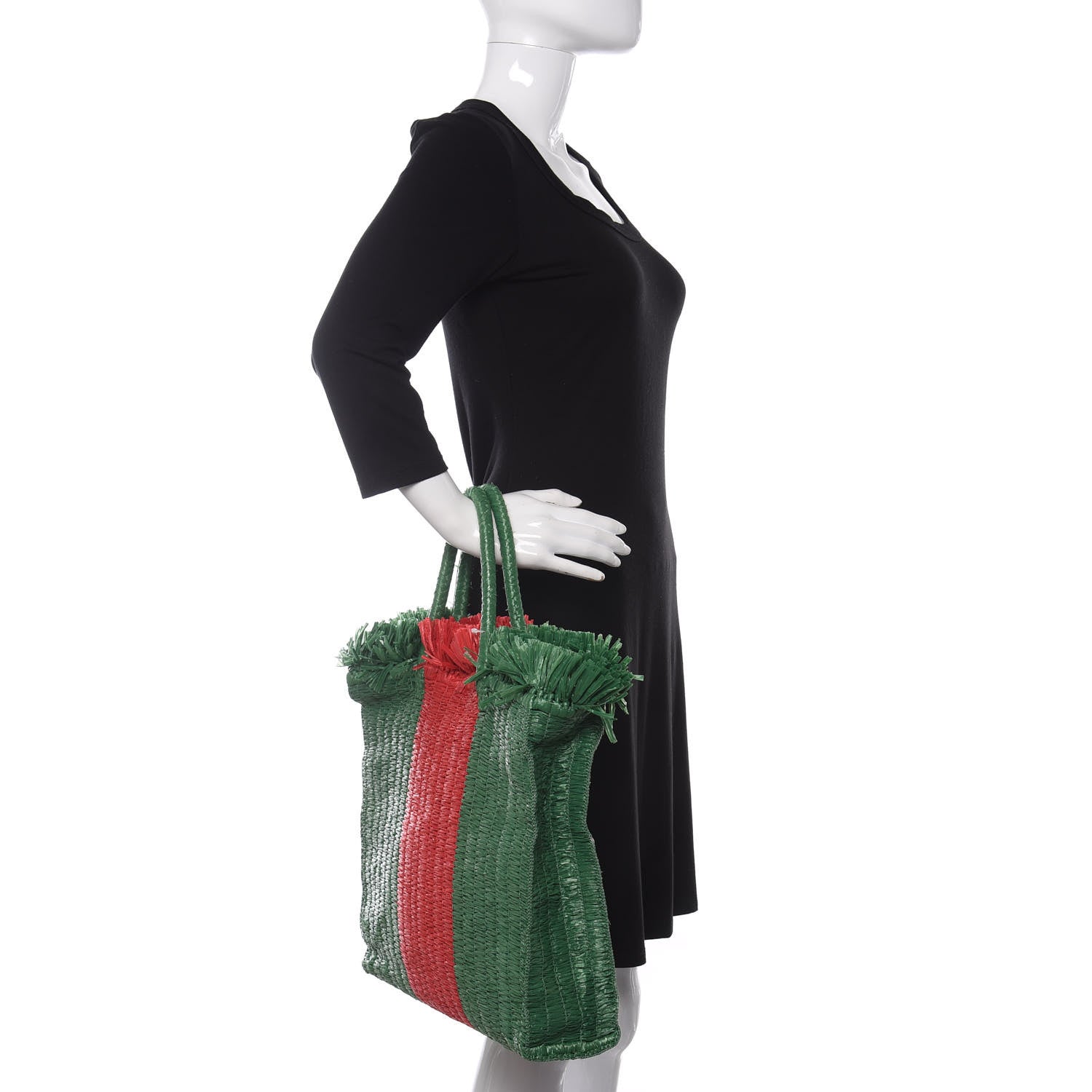 Gucci Raffia Linen Web Cestino Tote Bag Red Green 2 of 10