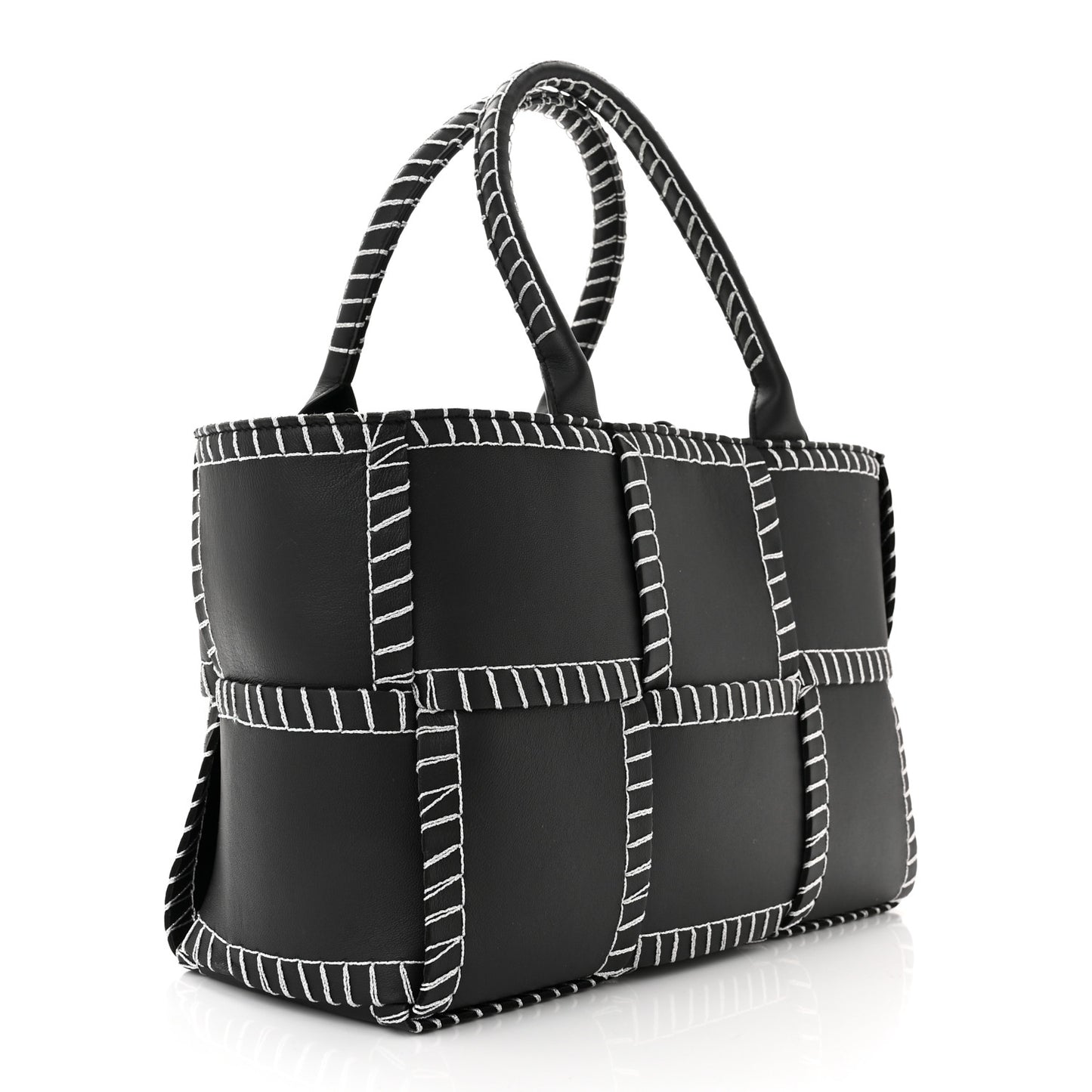 Nappa Maxi Intrecciato Overlock Stitched Small Arco Tote Black Silver