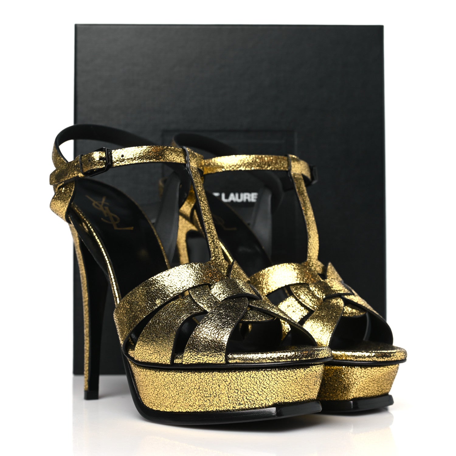 Saint Laurent Metallic Crackled Calfskin Tribute 105 Platform Sandals 41 Gold 9 of 9