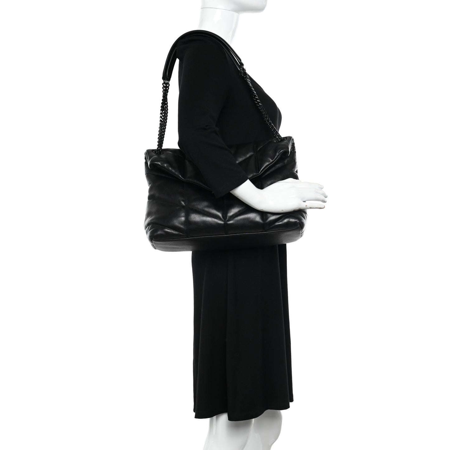 Lambskin Quilted Monogram Monochrome Medium Loulou Puffer Chain Satchel Black