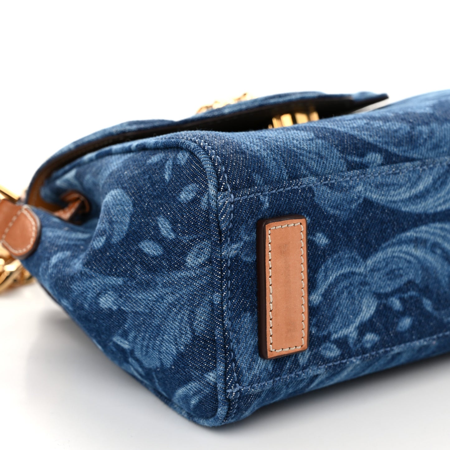 Denim Barocco Small La Medusa Chain Top Handle Handbag Blue Camel