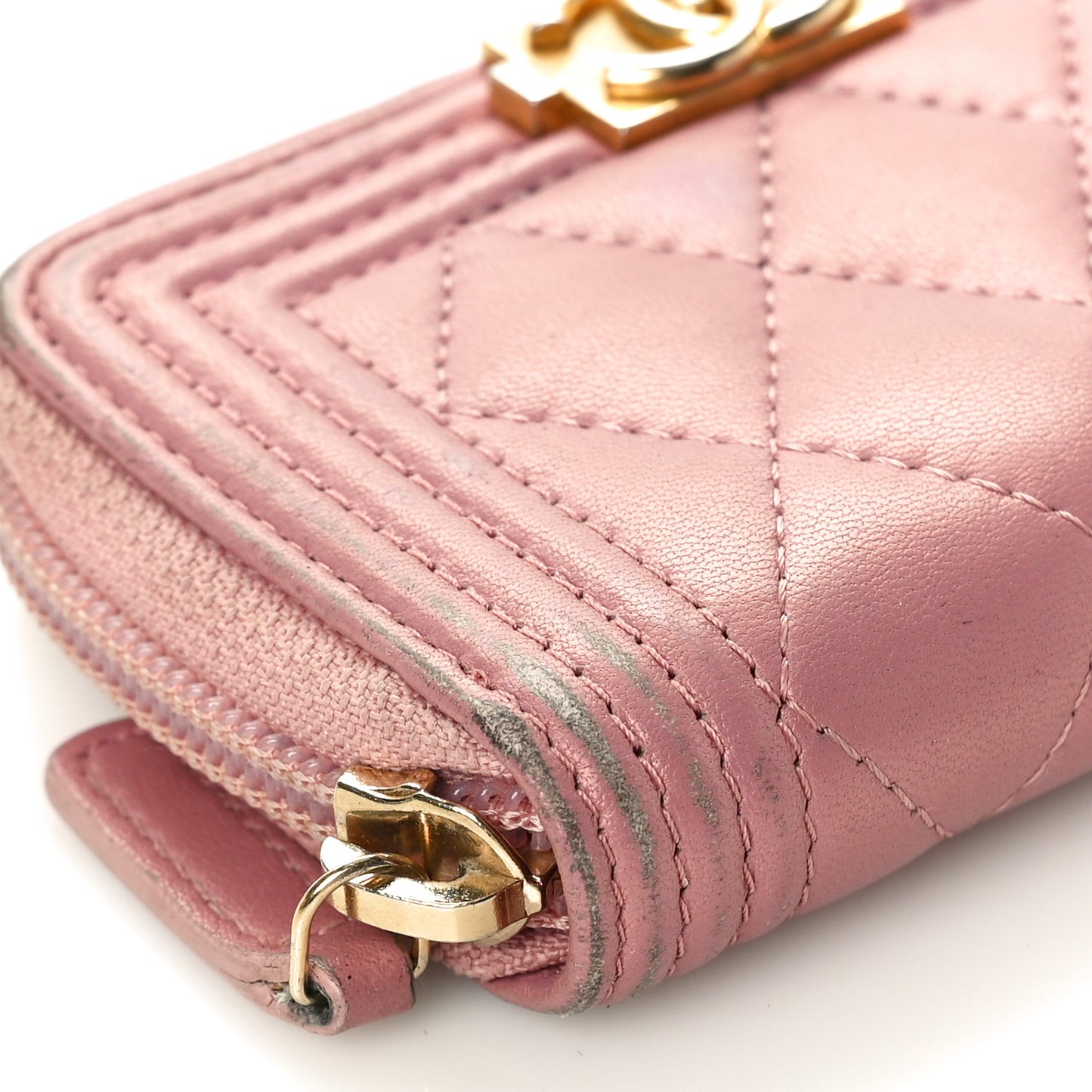 Metallic Lambskin Quilted Boy Zip Around Coin Purse Wallet Pink