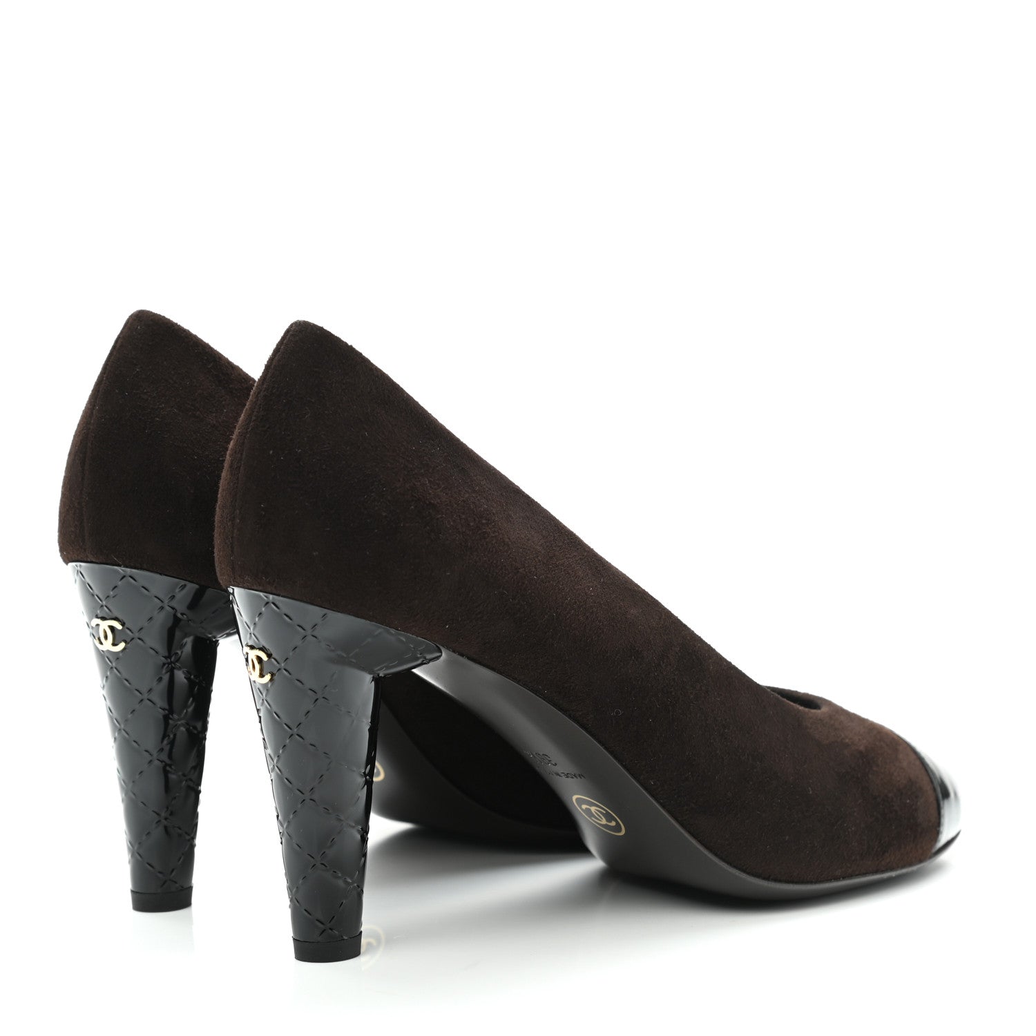 Chanel Kid Suede Patent Calfskin Cap Toe CC Pumps 39.5 Brown Black 4 of 10