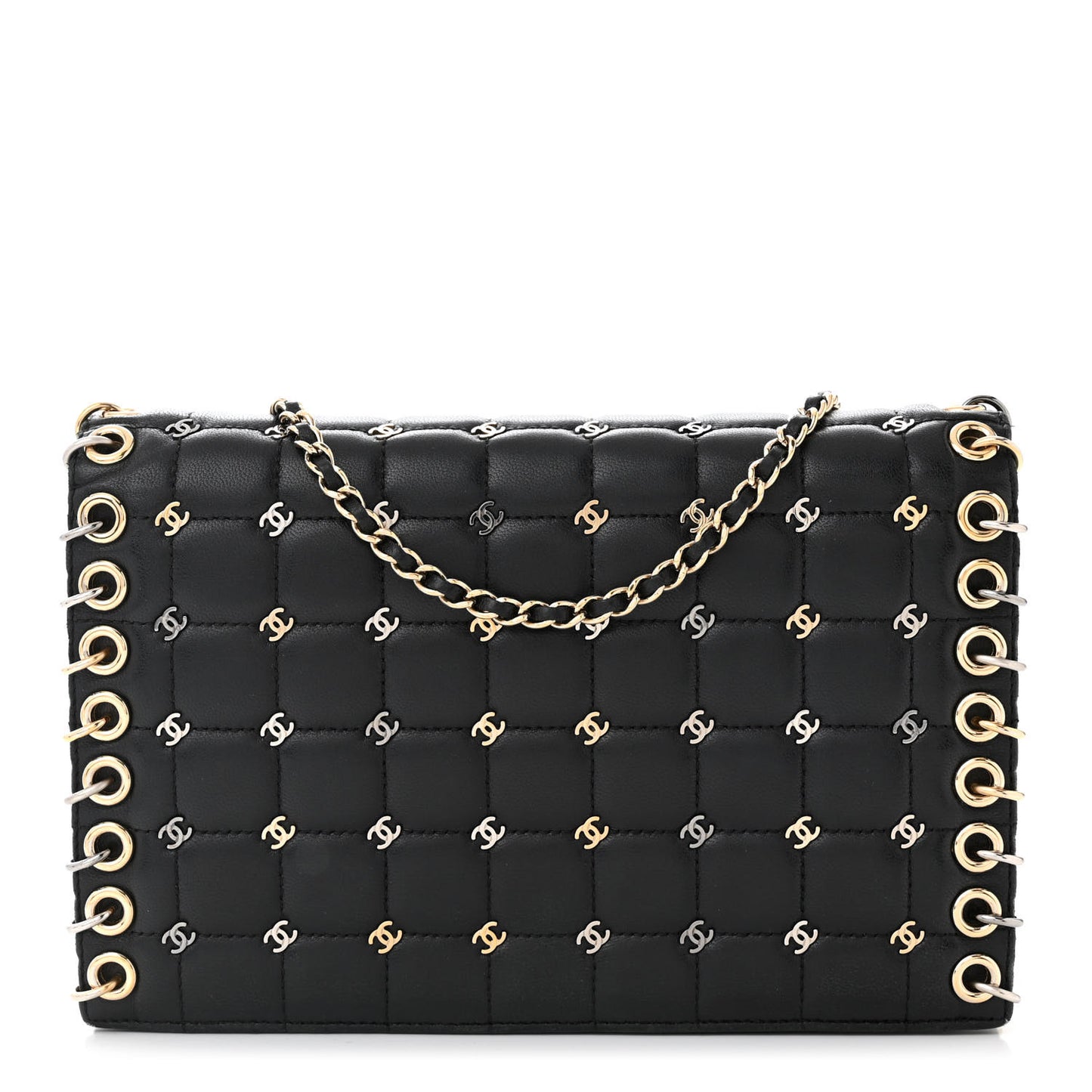 Lambskin Chocolate Bar Piercing CC Studded Small Chain Flap Bag Black