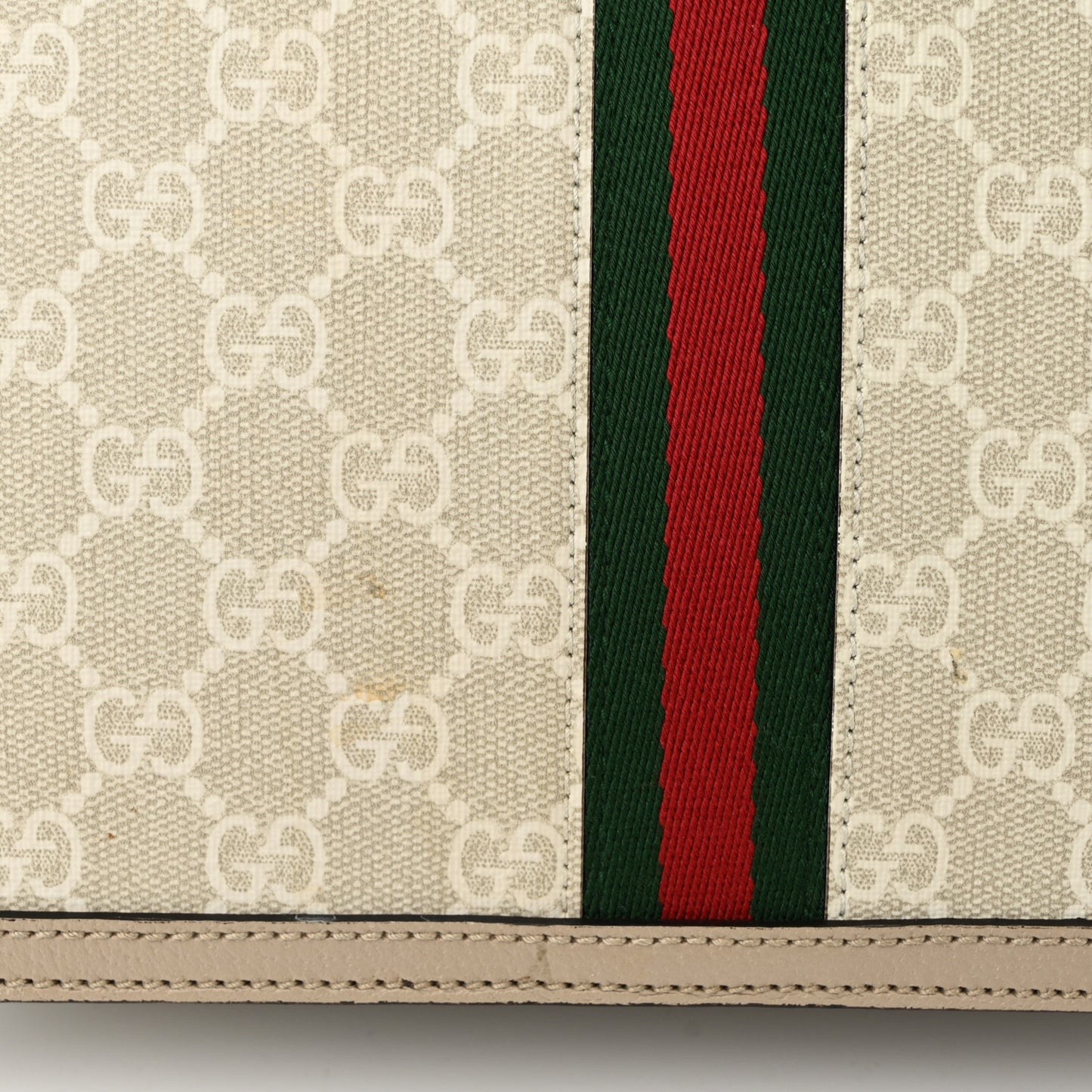 GG Supreme Monogram Textured Dollar Calfskin Web Small Ophidia Padlock Top Handle Bag Beige Mystic White Oatmeal