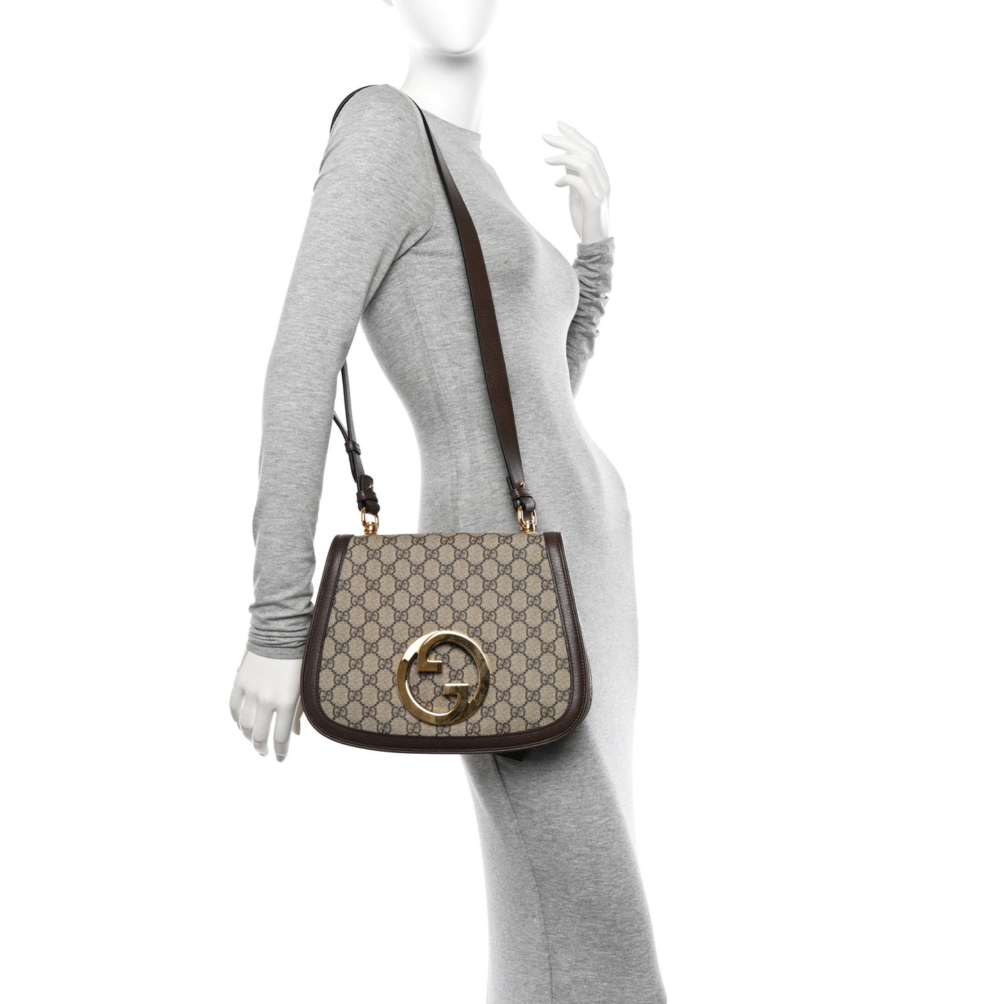 GG Supreme Monogram Textured Dollar Calfskin Web Medium Blondie Shoulder Flap Bag Beige Ebony New Acero