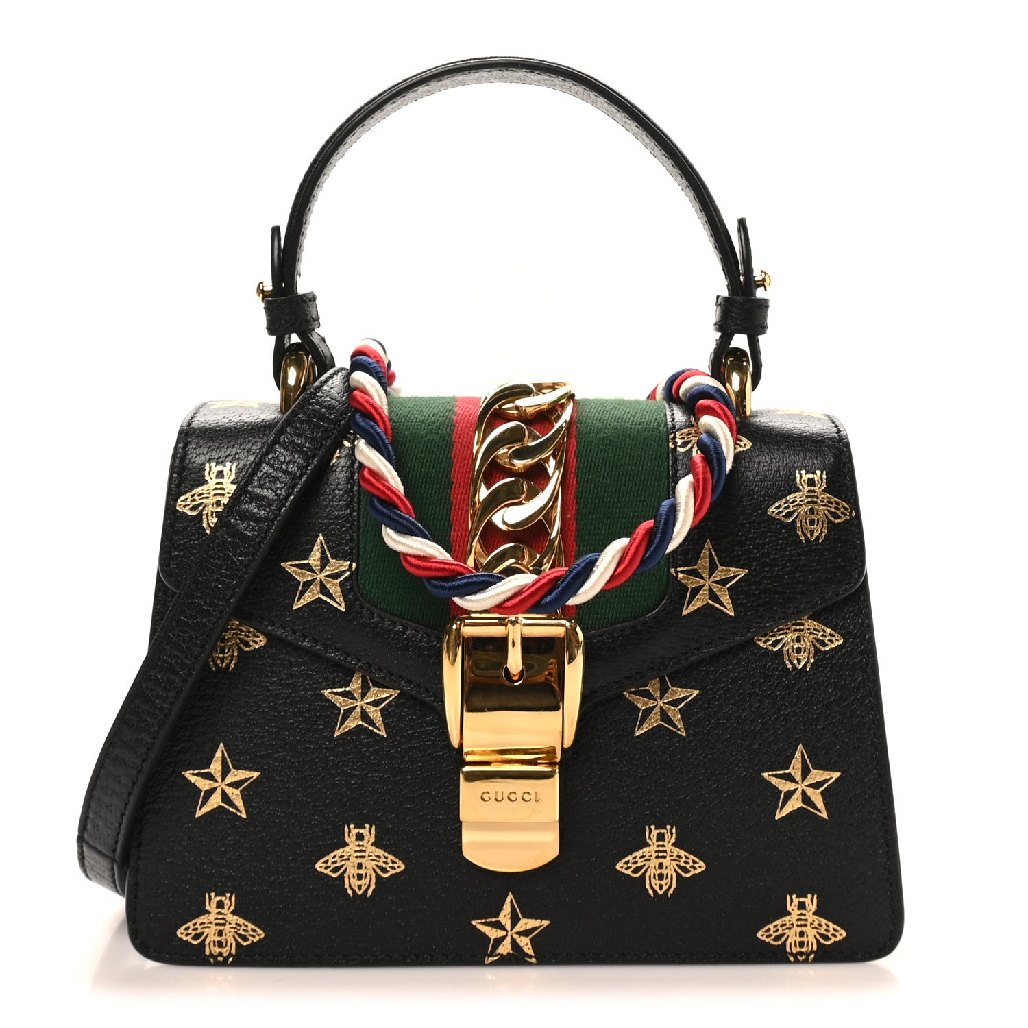 ムーンスター GUCCIバック Gucci Textured Calfskin Bee Star Print Mini Sylvie Top Handle Bag