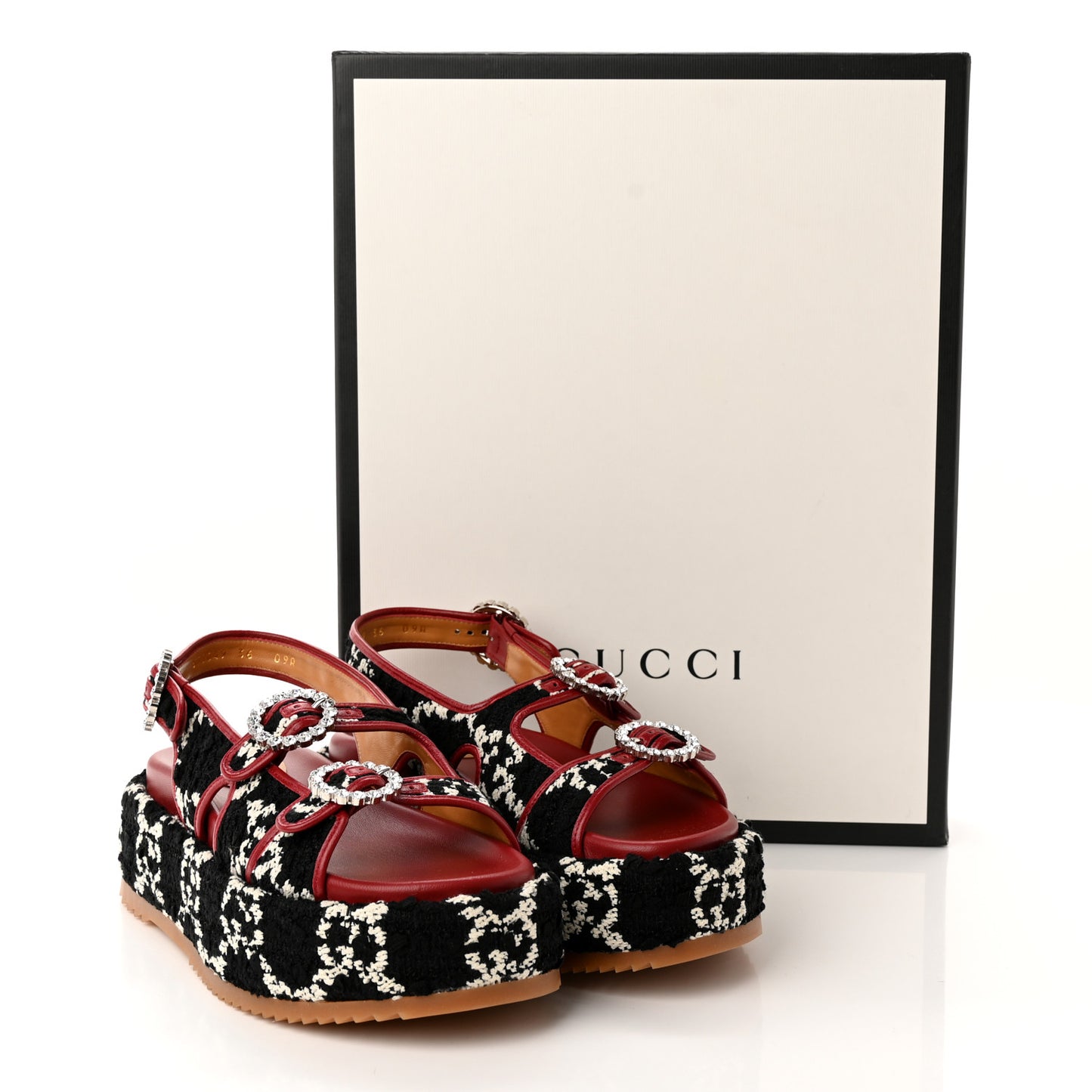 Tweed GG Monogram Crystal Angelina Platform Slingback Sandals 36 Black Natural Cerise